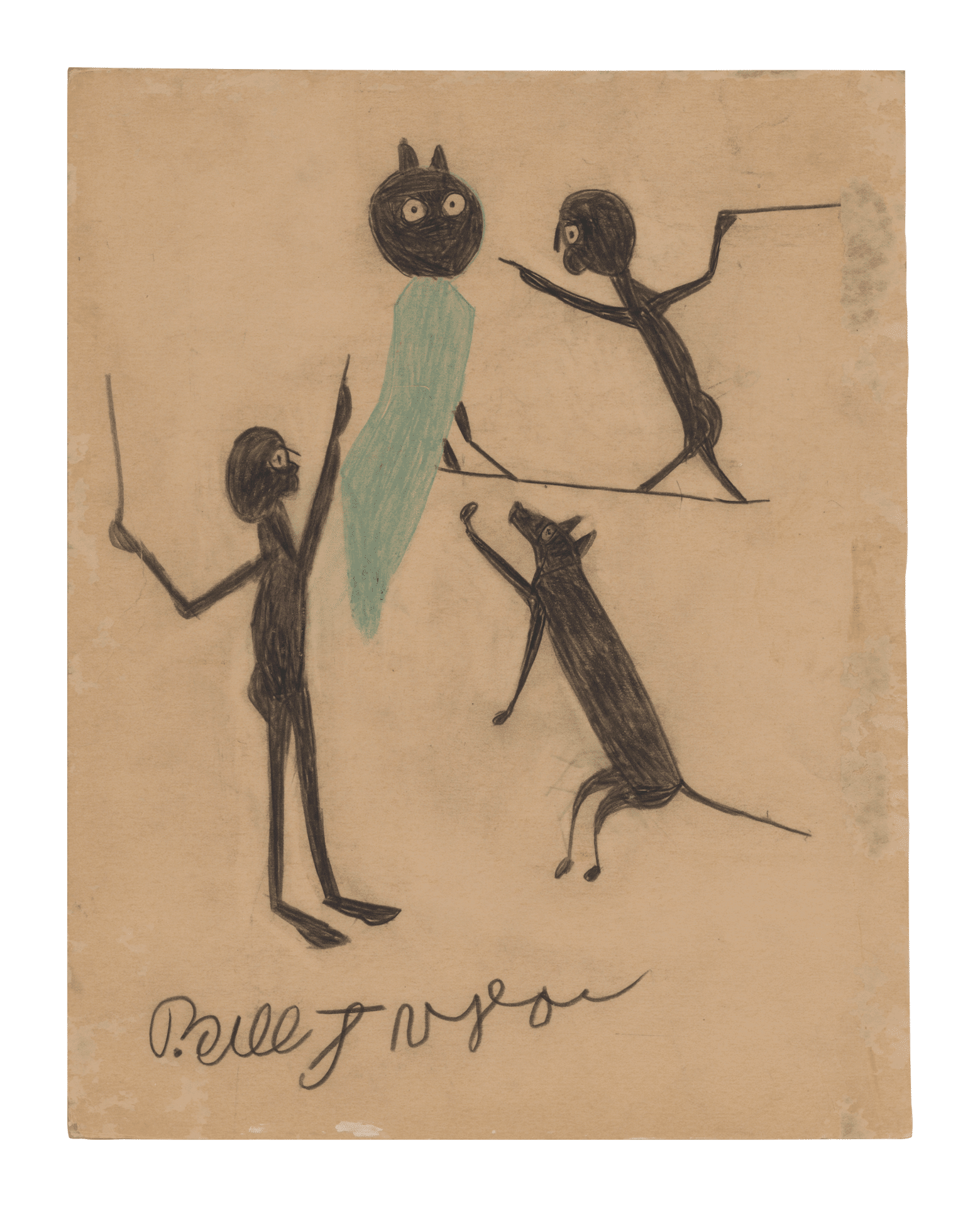 A mixed media work on cardboard by Bill Traylor, titled Two Men, Dog, and Owl, 1939 to 1942.