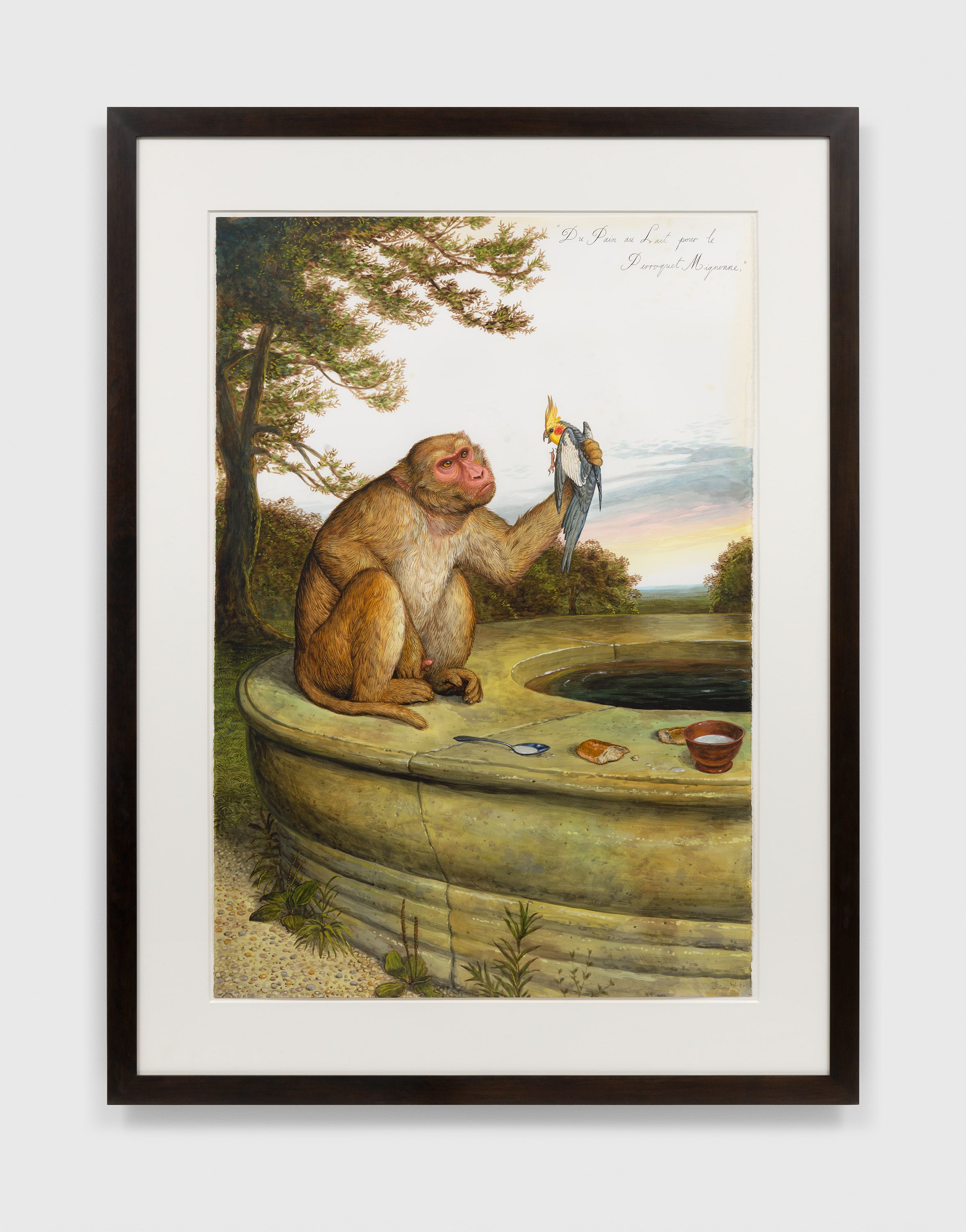A watercolor, gouache, pencil, and ink on paper artwork by Walton Ford, titled Perfect in My Memory: Du Pain au Lait pour le Perroquet Mignonne, dated 2011.