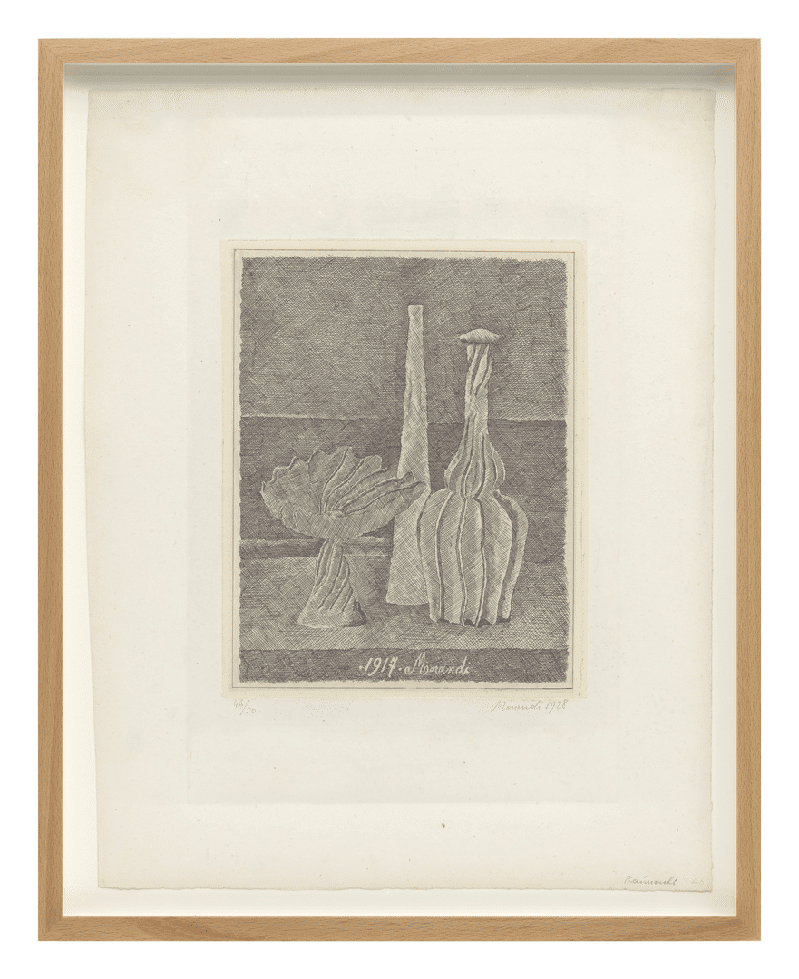 An etching on paper by Giorgio Morandi, titled Natura morta con compostiera, bottiglia lunga e bottiglia scannellata (Still life with composter, long bottle and fluted bottle), dated 1928.