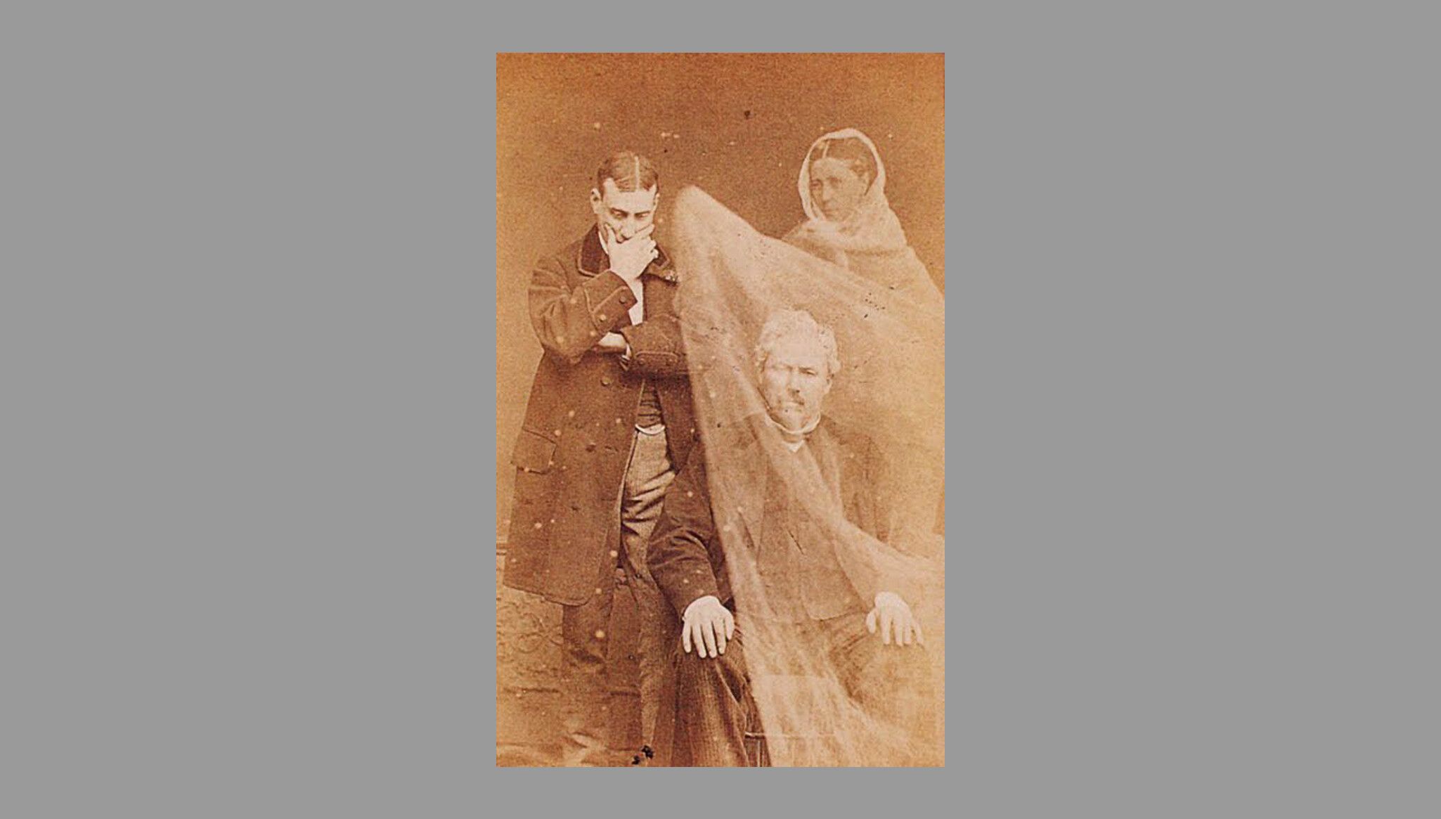 A photo depicting the ghost of a man's wife appearing before him, ca.1870