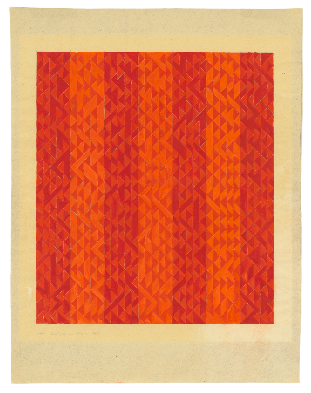 A gouache and diazotype work on paper by Anni Albers, titled Study in Red Stripes, dated 1969.