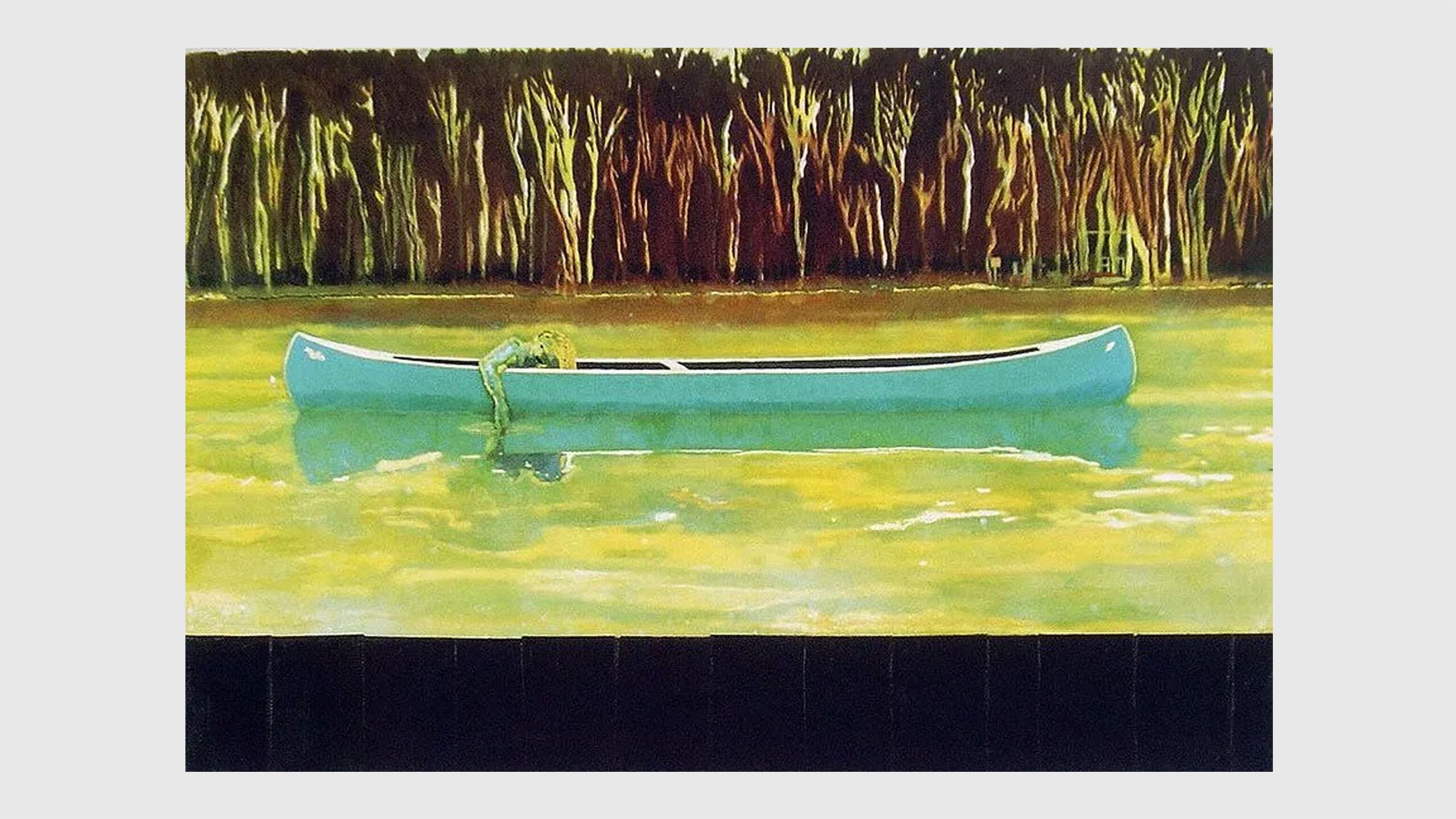 A painting by Peter Doig titled White Canoe, dated 1997.