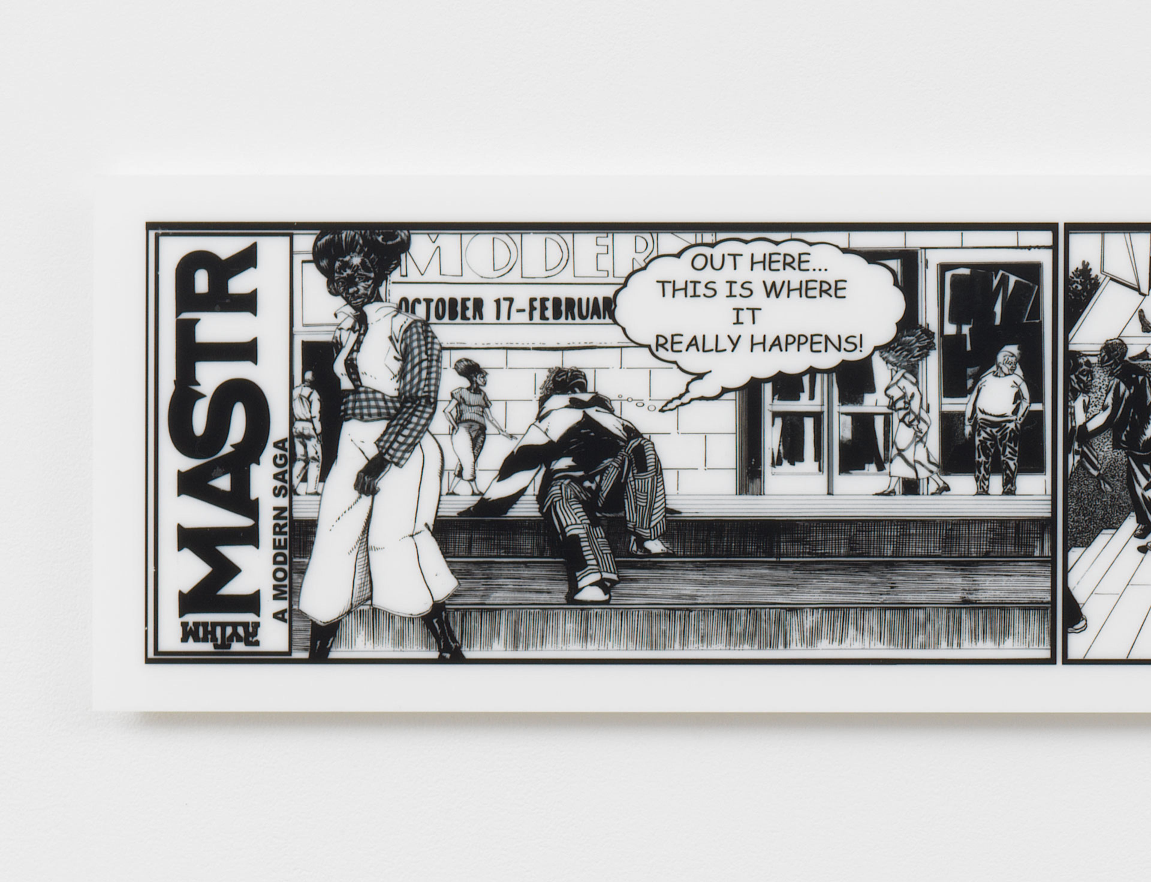 A detail of an inkjet print on plexiglas by Kerry James Marshall titled Rythm Mastr Daily Strip, dated 2017.