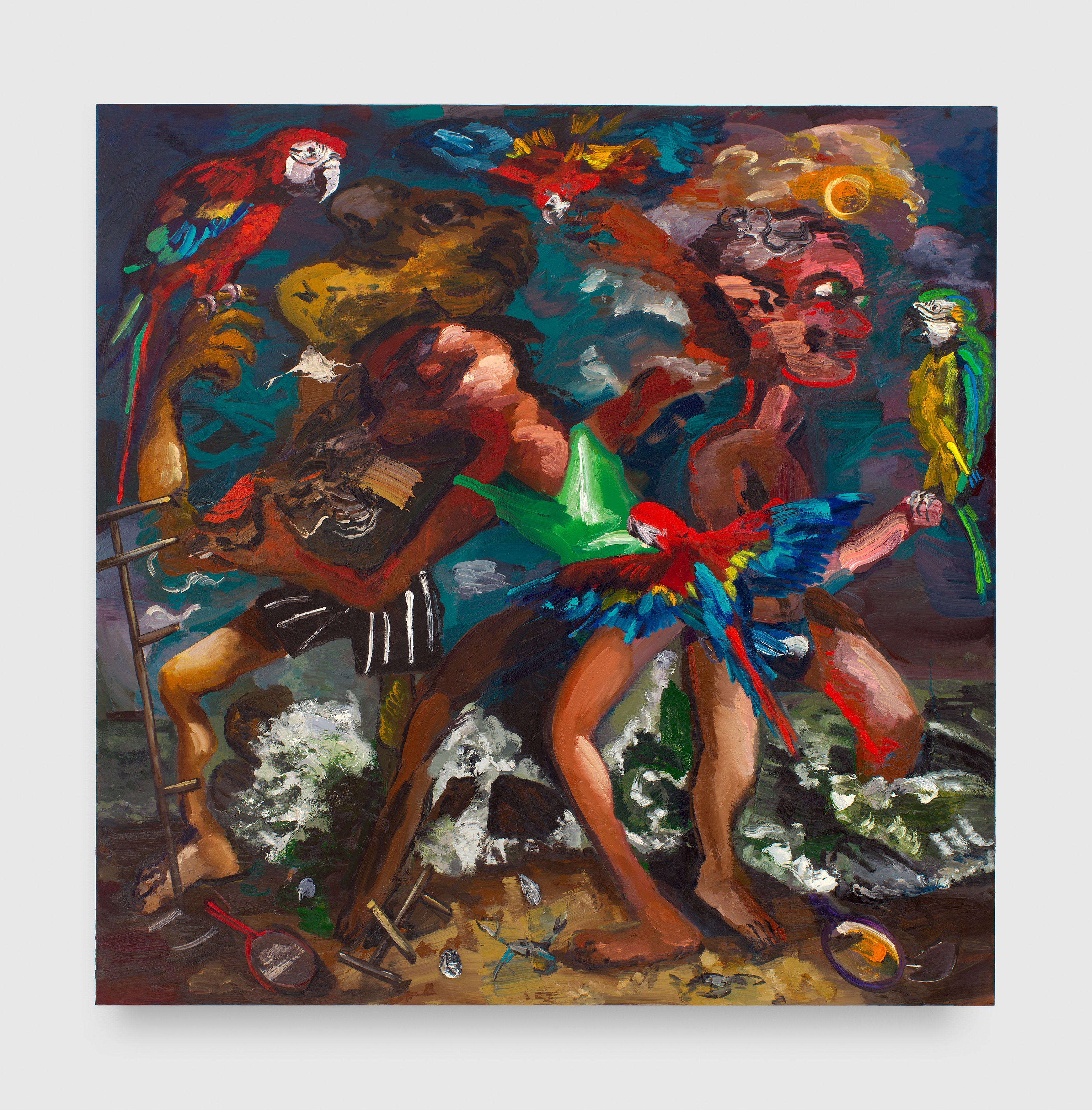 A painting by Dana Schutz, titled Parrots, dated 2023.