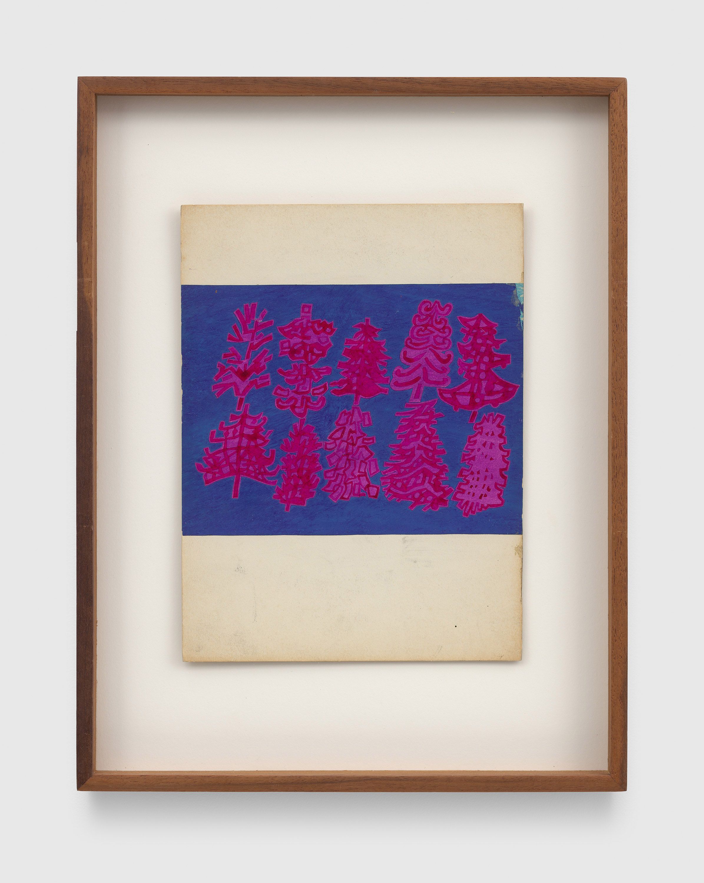 A work on paper by Ray Johnson, called Untitled (Fuchsia Tree Design), circa 1954 to 1959.