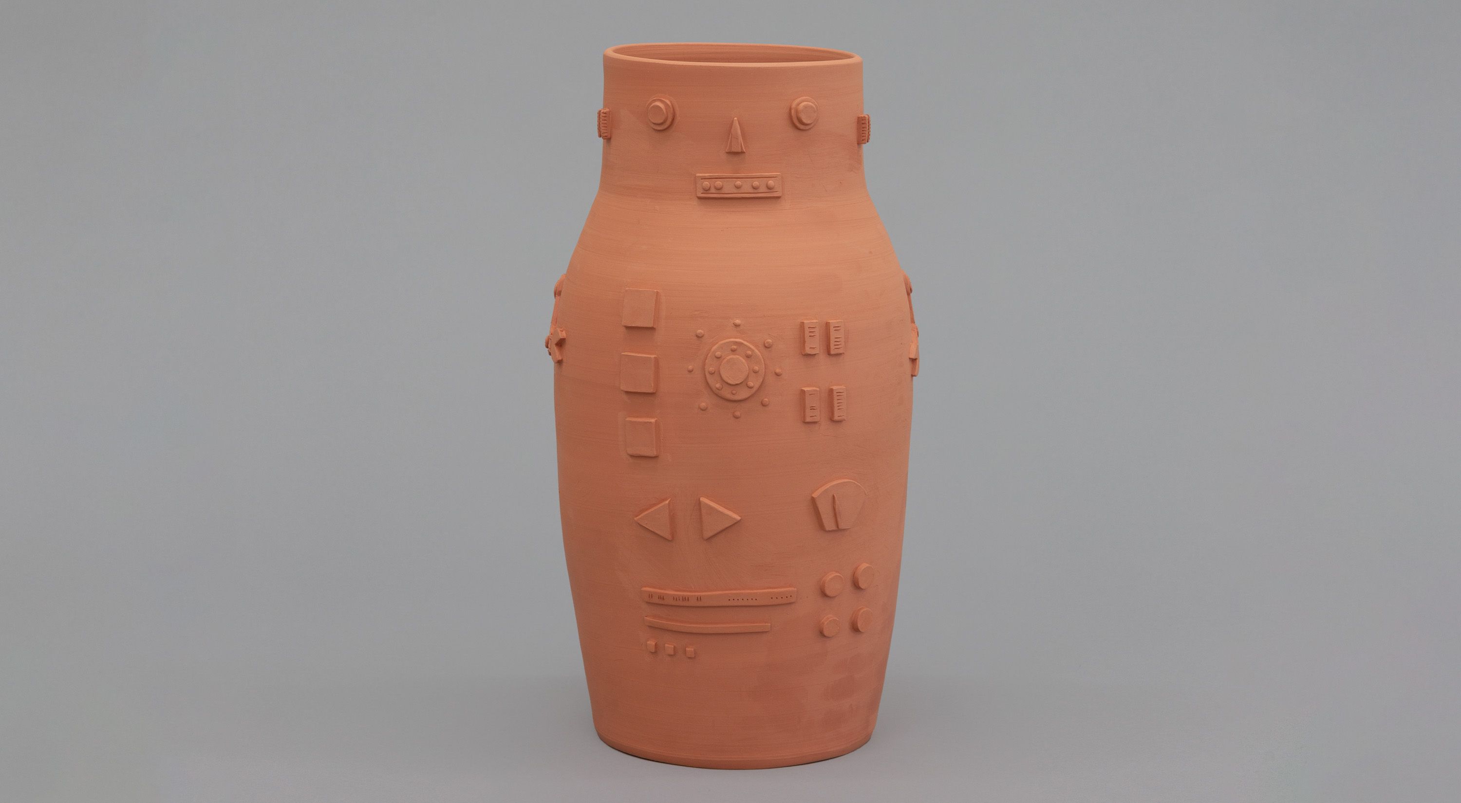 A clay sculpture by Shio Kusaka, titled (robot 1), dated 2022.