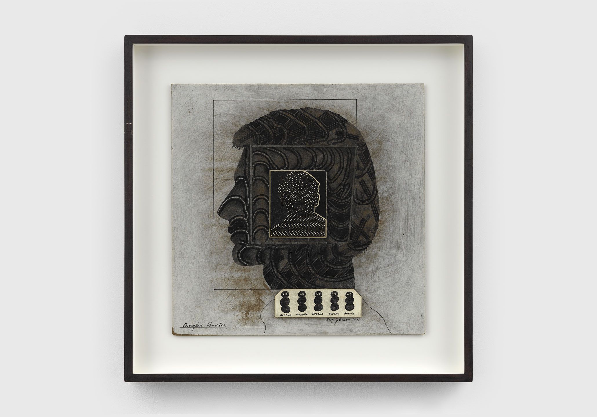 A collage on masonite by Ray Johnson, titled Douglas Baxter, dated 1977.