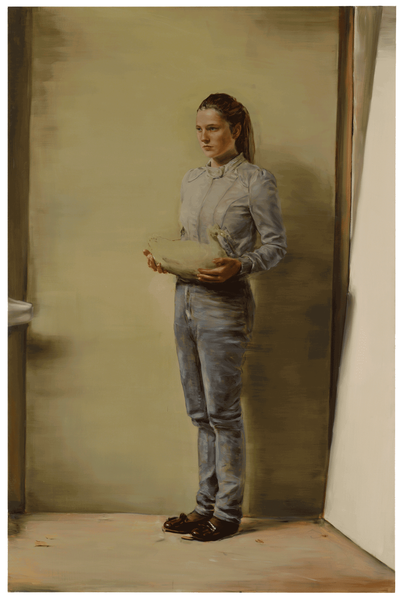 A painting by Michael Borremans, titled Girl with Duck, dated 2011.