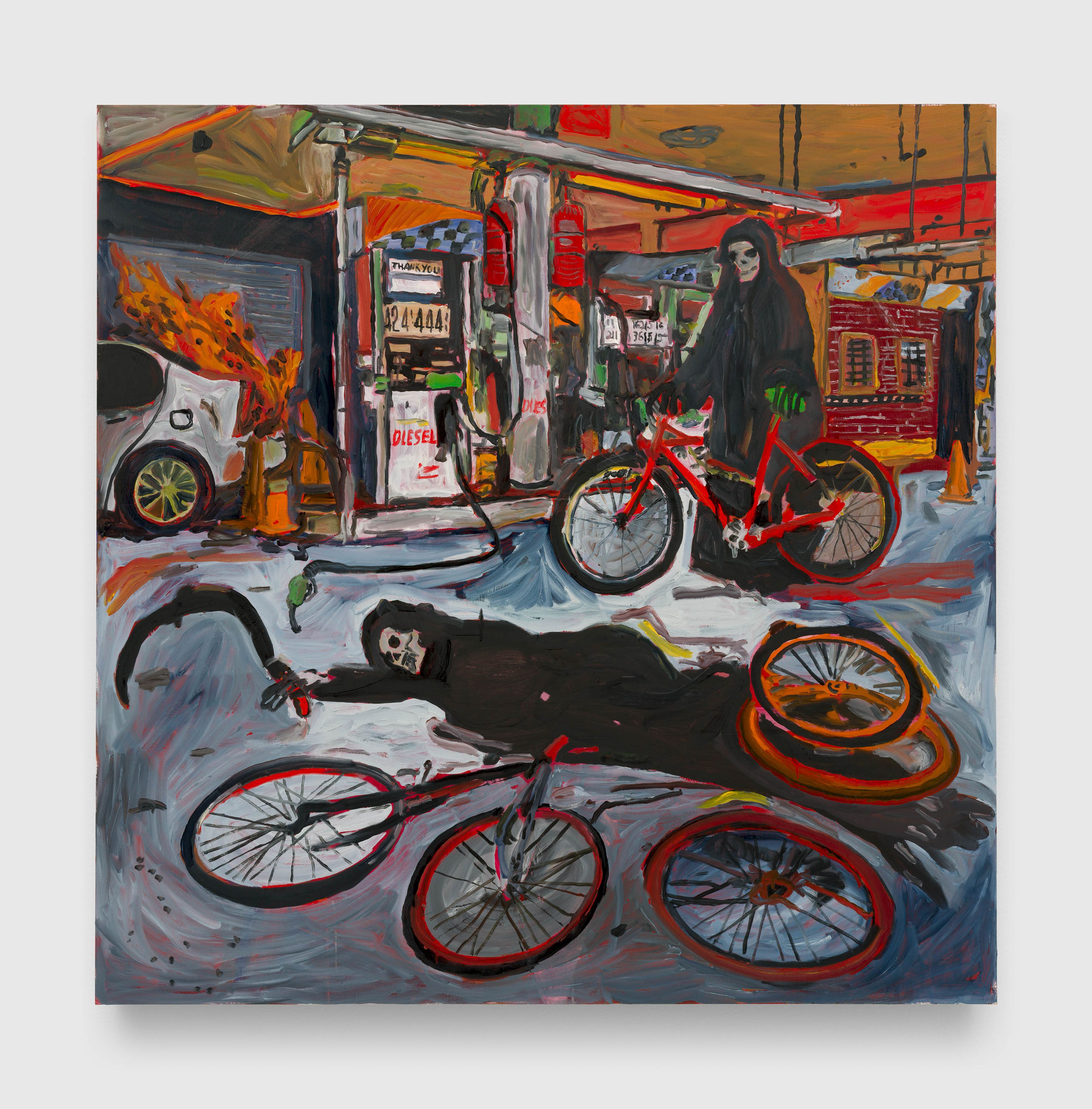 A painting by Josh Smith, titled Incident at the Gas Station, dated 2025.