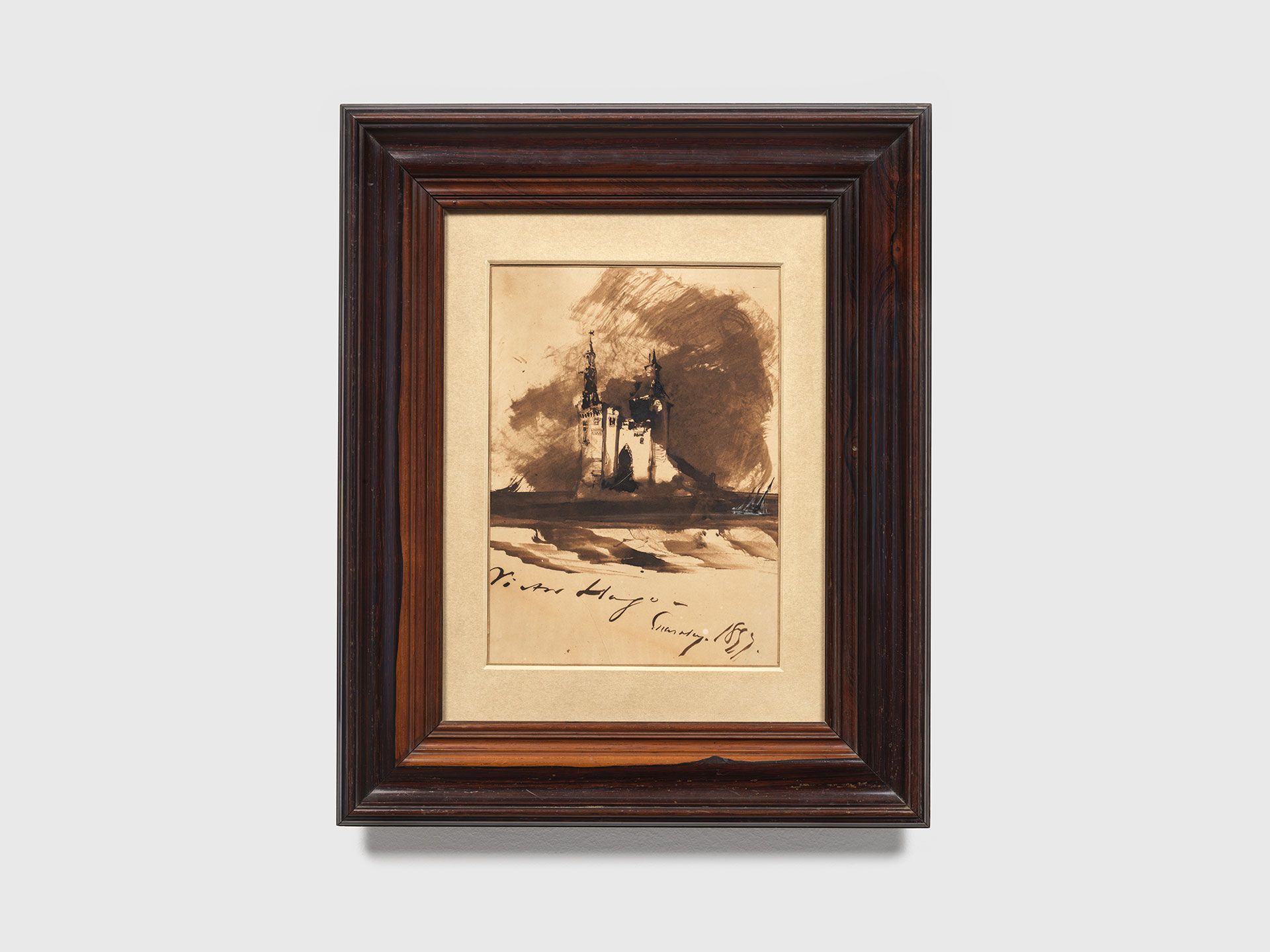 A drawing by Victor Hugo, titled Burg au milieu des flots, translated as Burg Amidst the Waves, dated 1857.