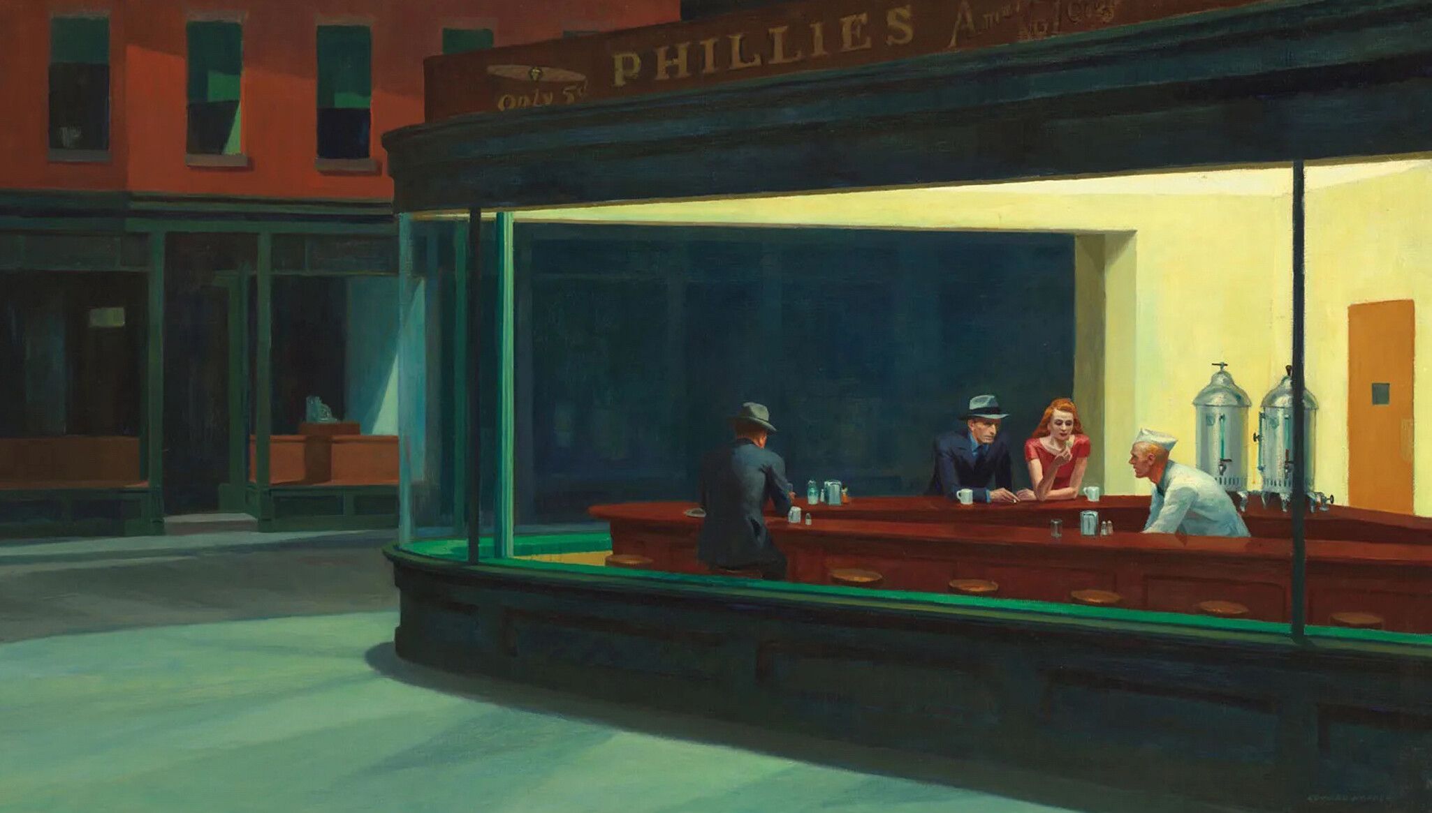 An oil painting by Edward Hopper, titled Nighthawks, dated 1942.
