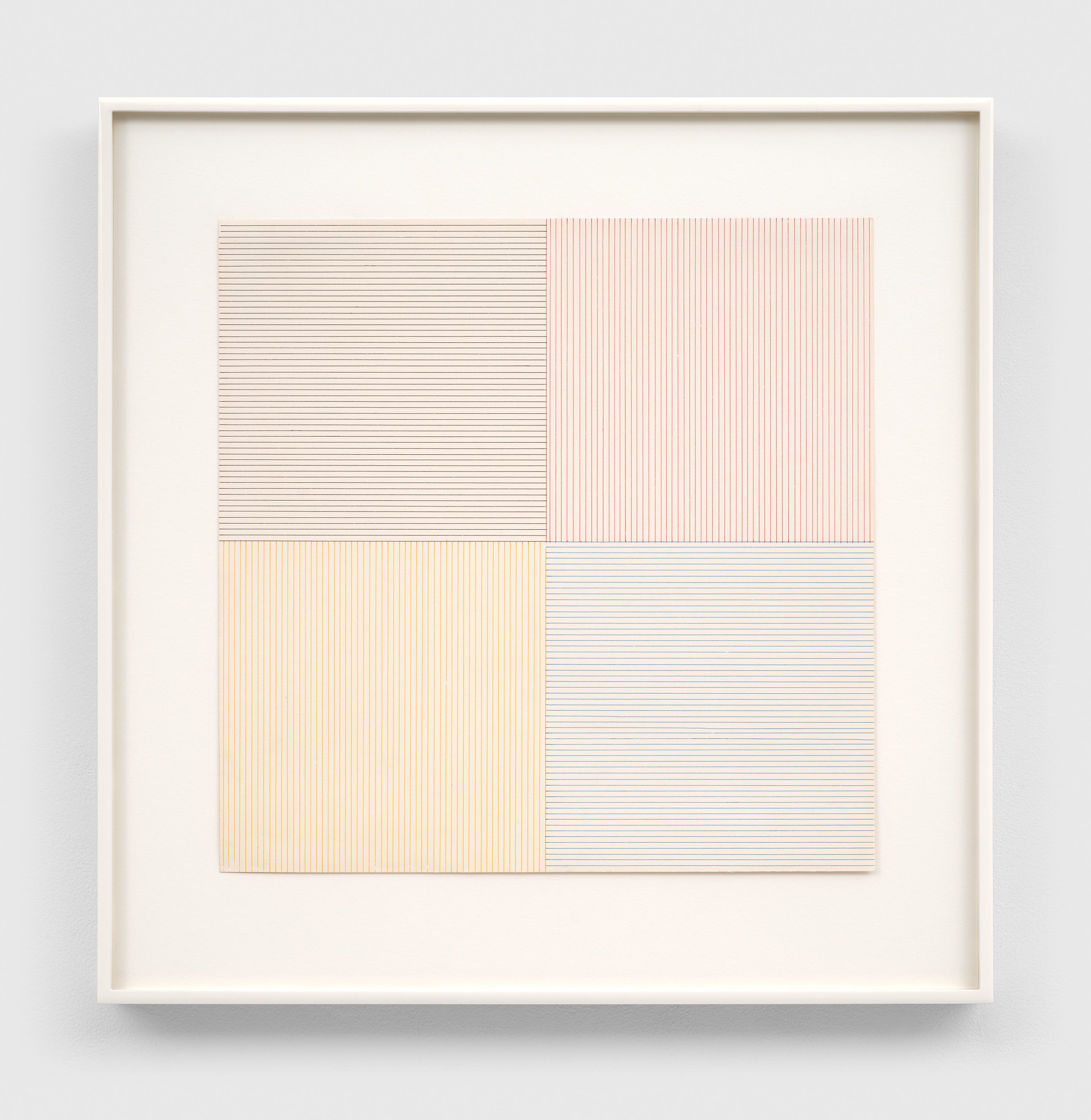 An ink on paper artwork by Sol LeWitt, titled LEFT Top: Black Horizontal, LEFT BOTTOM: yellow vertical, RIGHT TOP: Red vertical, RIGHT BOTTOM: Blue horizontal, dated 1972.