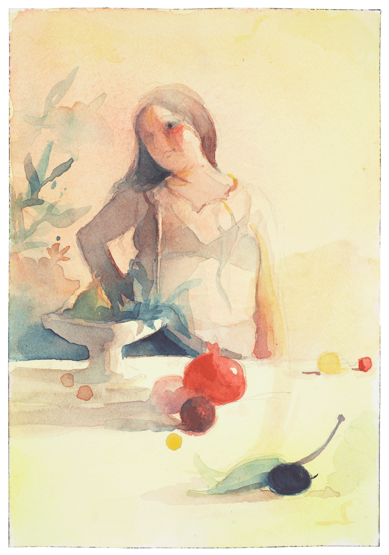 A watercolor painting by Lisa Yuskavage, titled Biting the Red Thing, dated 2004.