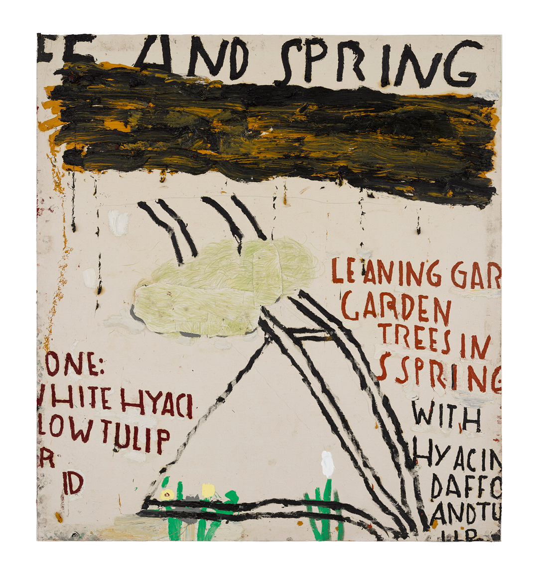 A painting by Rose Wylie, titled Leaning Trees in Spring, dated 2019.