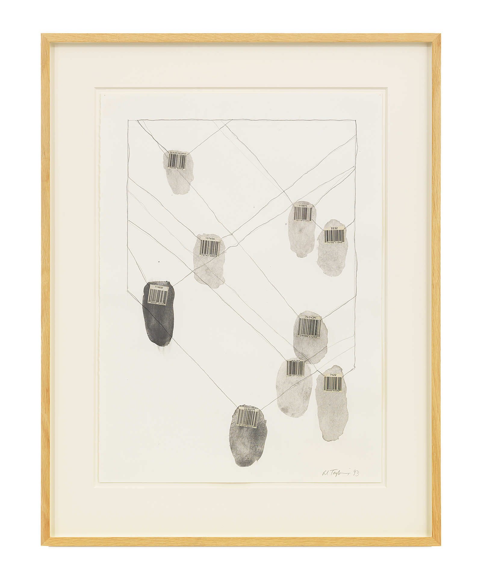 A mixed media work on paper by Al Taylor, titled Bar Codes, dated 1993.