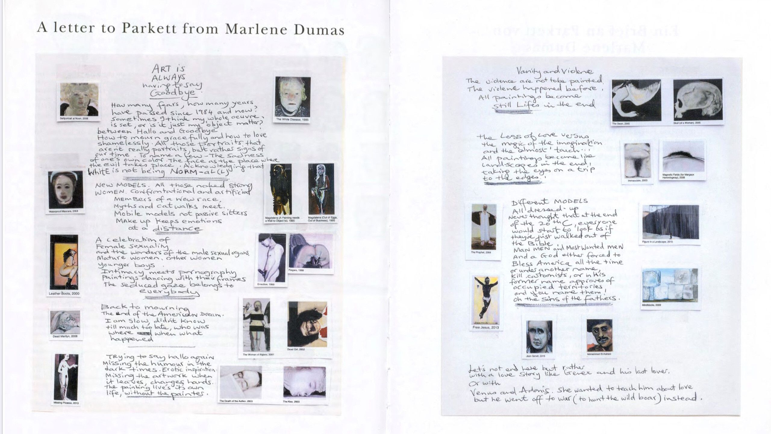 A letter from Marlene Dumas to Parkett, printed in vol. 100/101