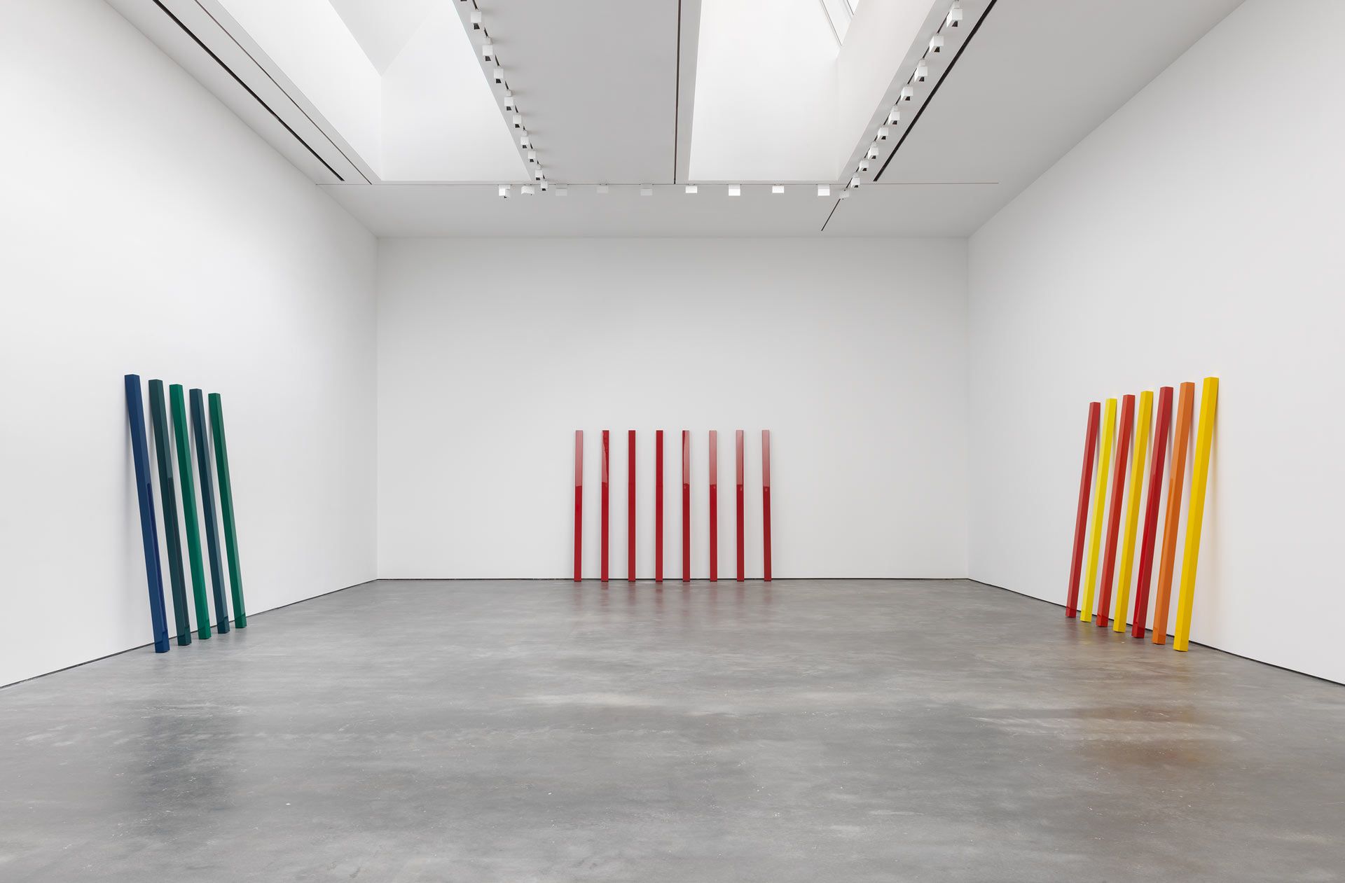 Installation view of the exhibition, John McCracken, at David Zwirner in New York, dated 2017.