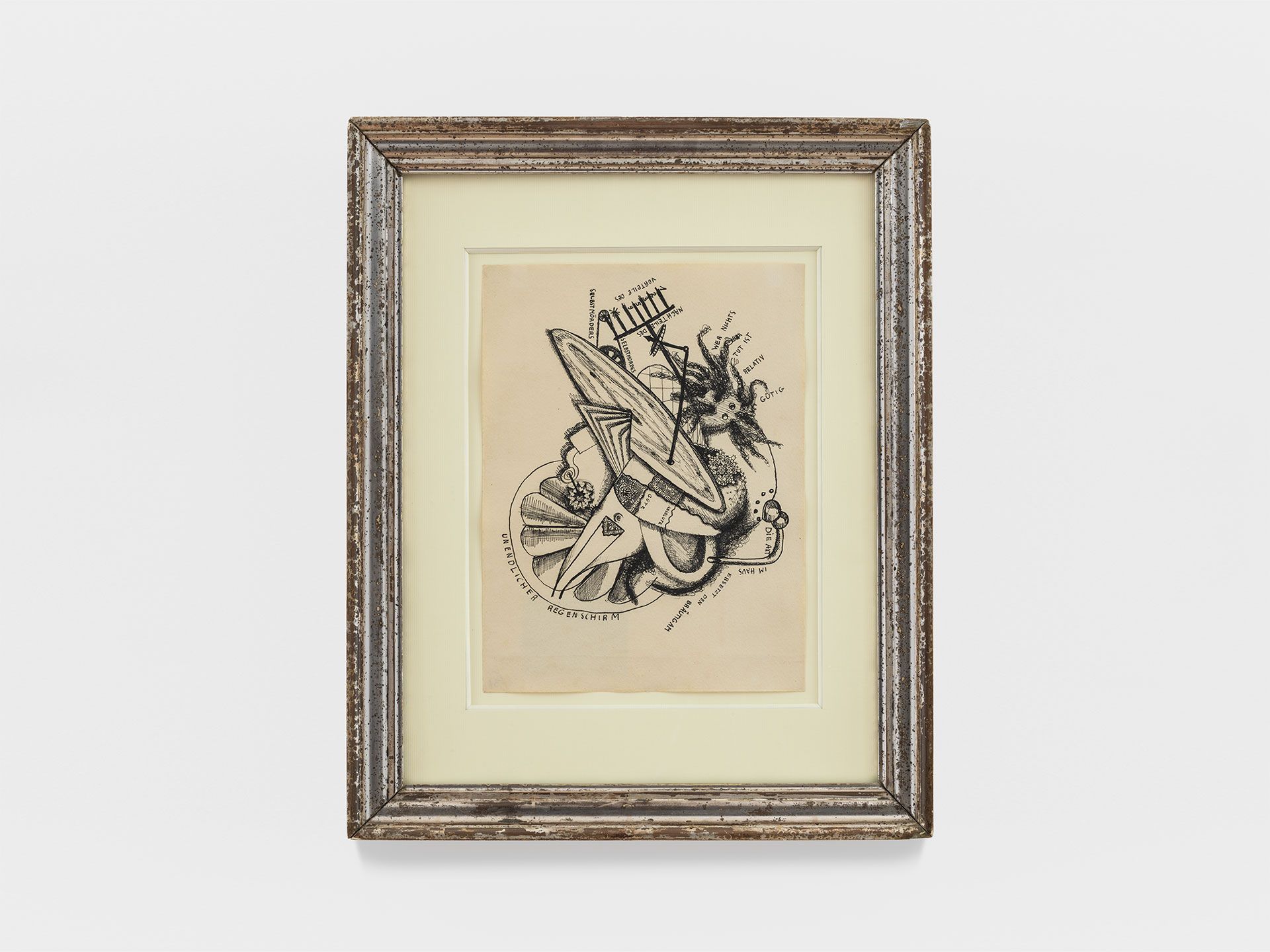 A drawing by Johannes Baargeld, titled Unendlicher Regenschirm, translated as Infinite Umbrella, dated 1919 to 1920.