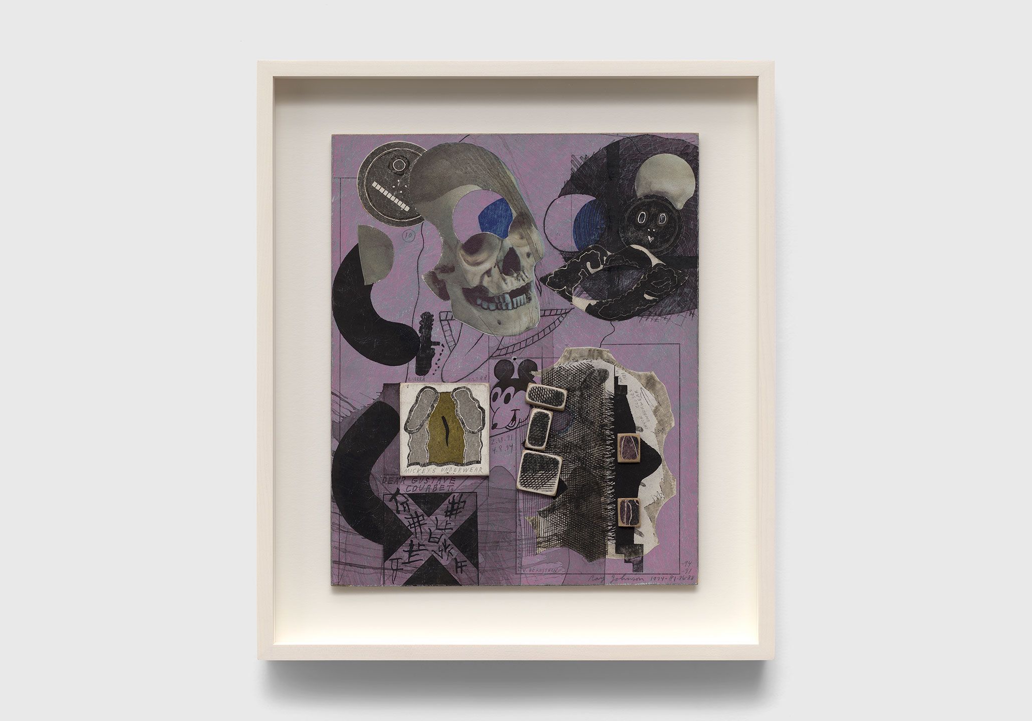 A collage on cardboard by Ray Johnson, titled Untitled, dated 1974, 1981, 1986, 1988, 1991, 1994.