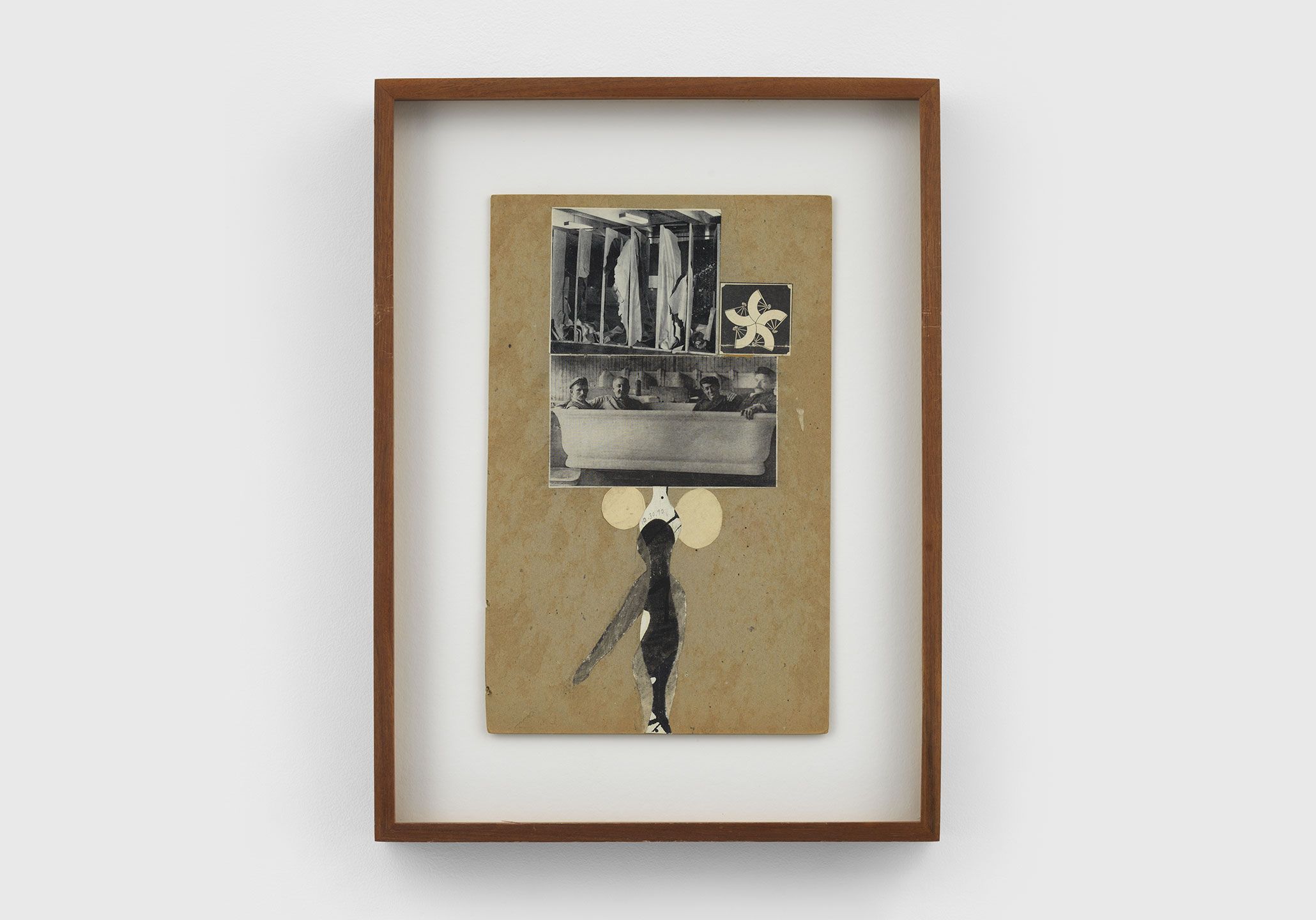 A collage on board by Ray Johnson, titled Untitled (Moticos with Four Men in Bathtub), c. 1954-1960, dated 1990.
