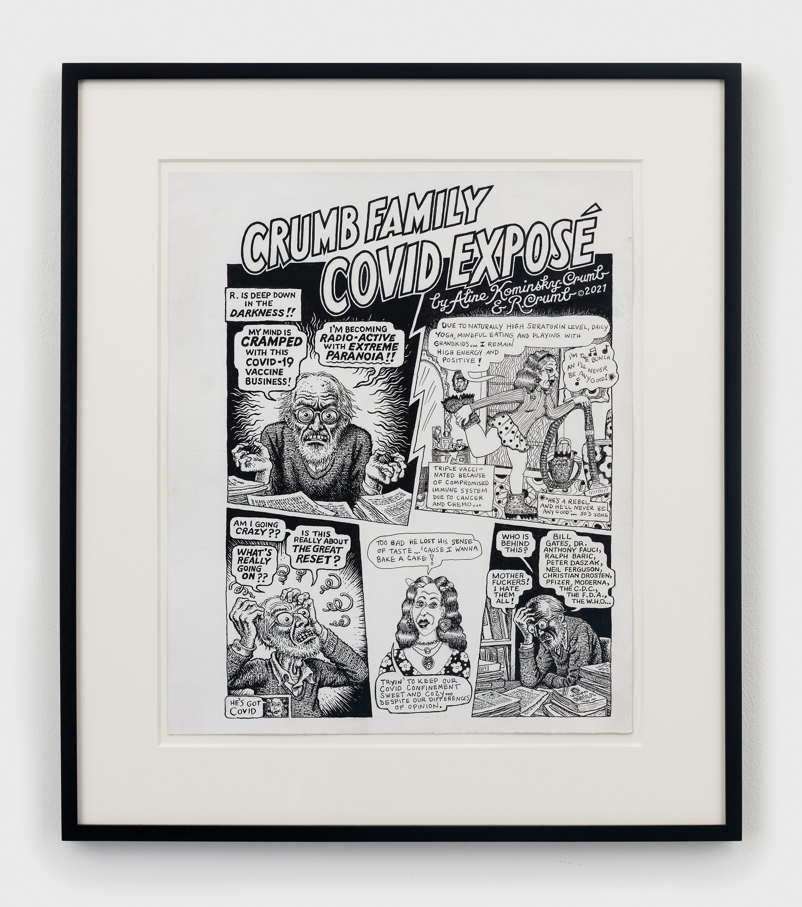 A 10-page ink and correction fluid on paper artwork by Aline Kominsky-Crumb and R. Crumb, titled Crumb Family Covid Exposé, dated 2021.