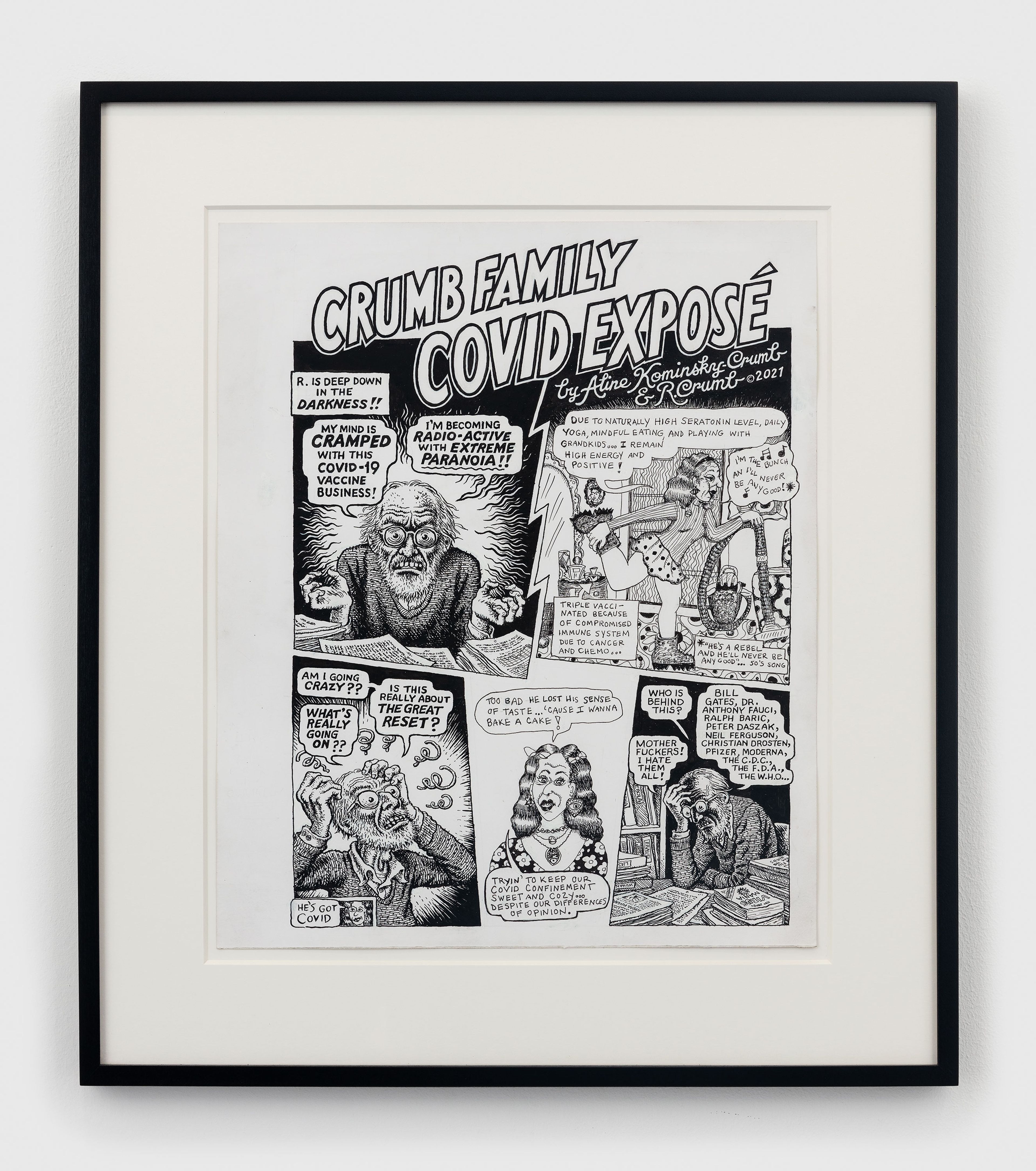 A 10-page ink and correction fluid on paper artwork by Aline Kominsky-Crumb and R. Crumb, titled Crumb Family Covid Exposé, dated 2021.