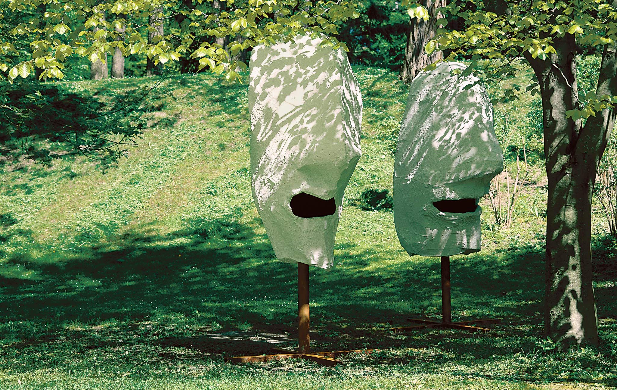 A photo of Franz West's Lemurenköpfe (Lemur Heads),1992/2000, installed in Innsbruck.