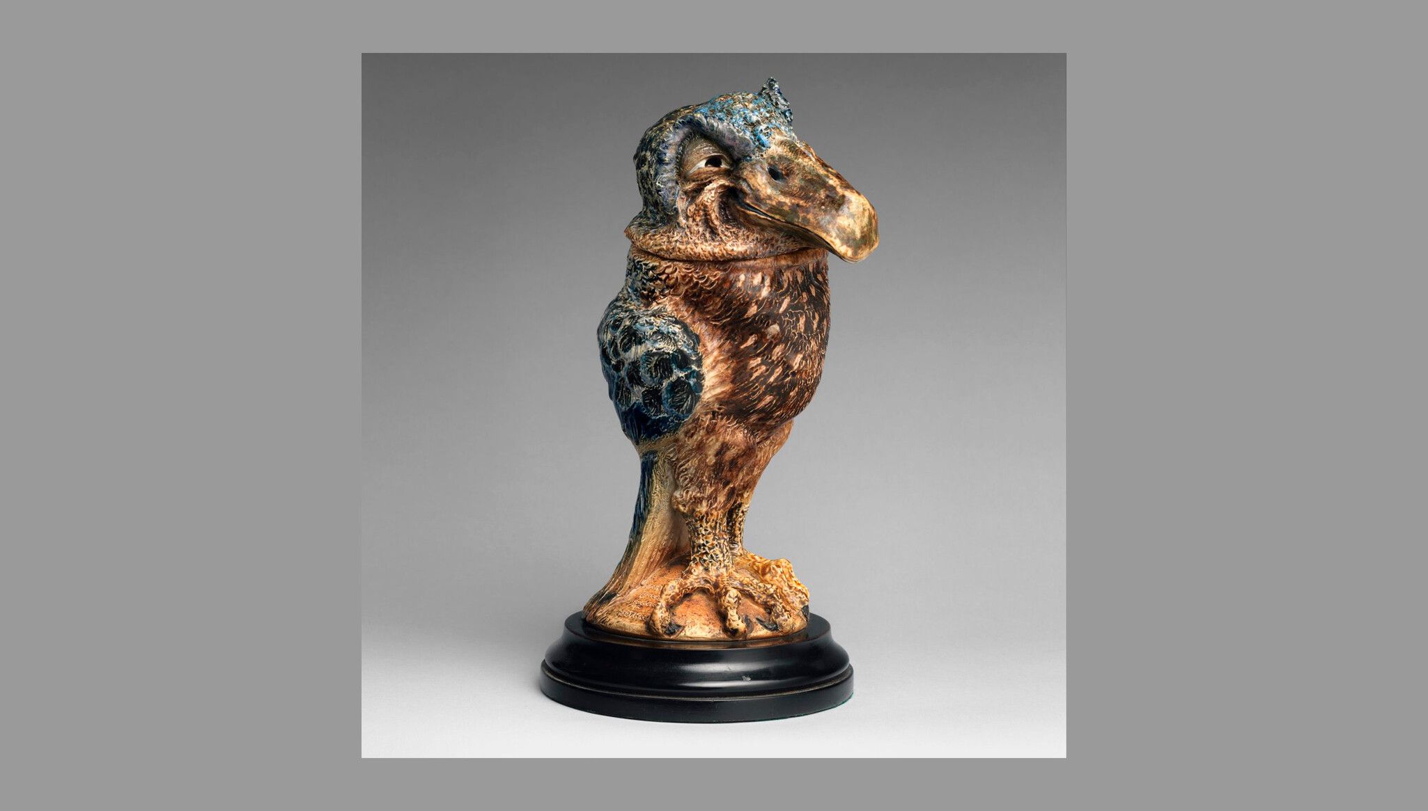 A sculpture by TR. W. Martin and Brothers, titled Jar in the form of a bird, 1888.
