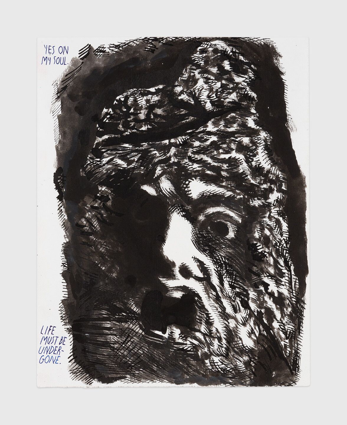 An ink drawing by Raymond Pettibon titled No Title (Yes on my...), dated 1999