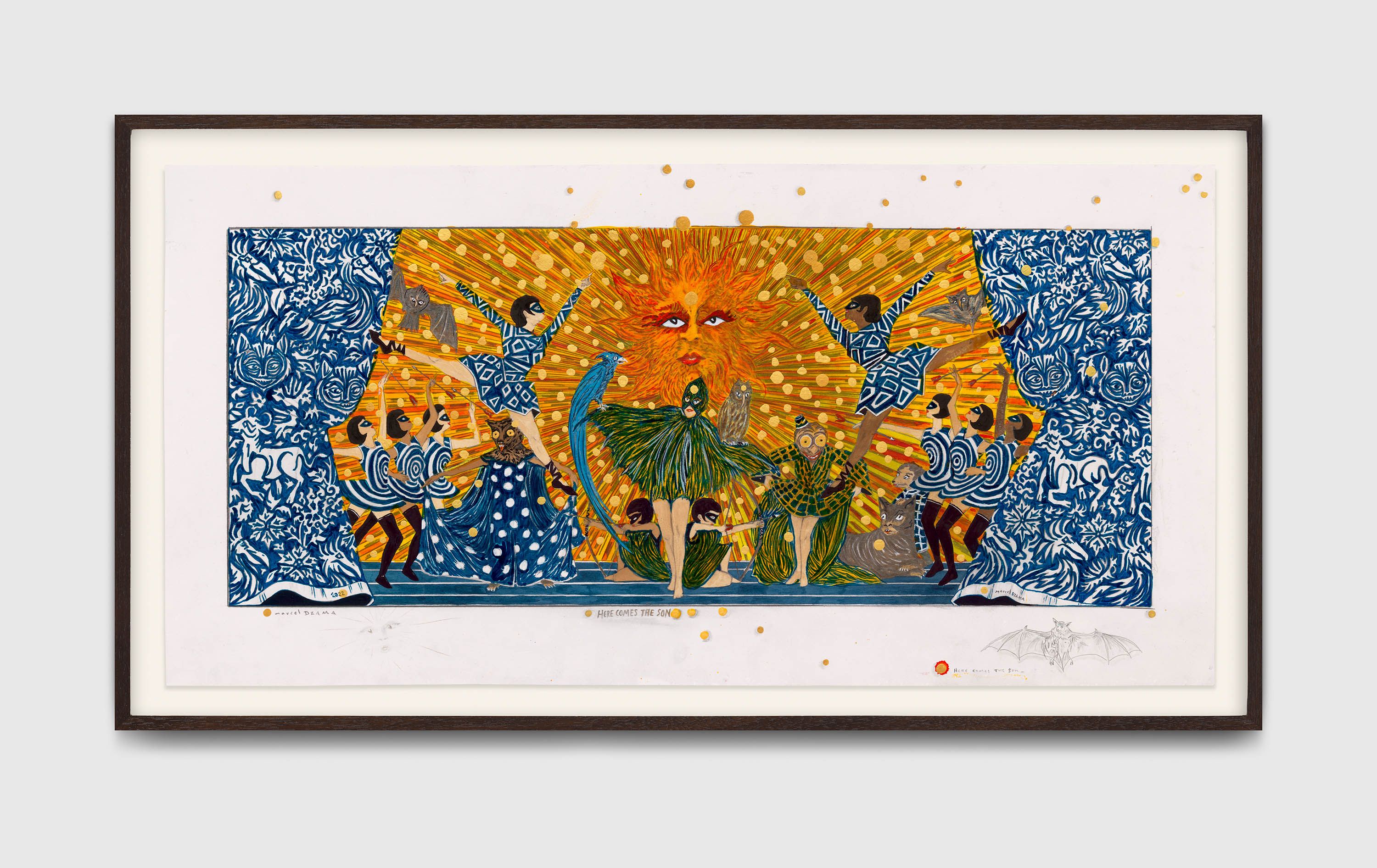 A work on paper by Marcel Dzama, titled Here comes the son, dated 2020.