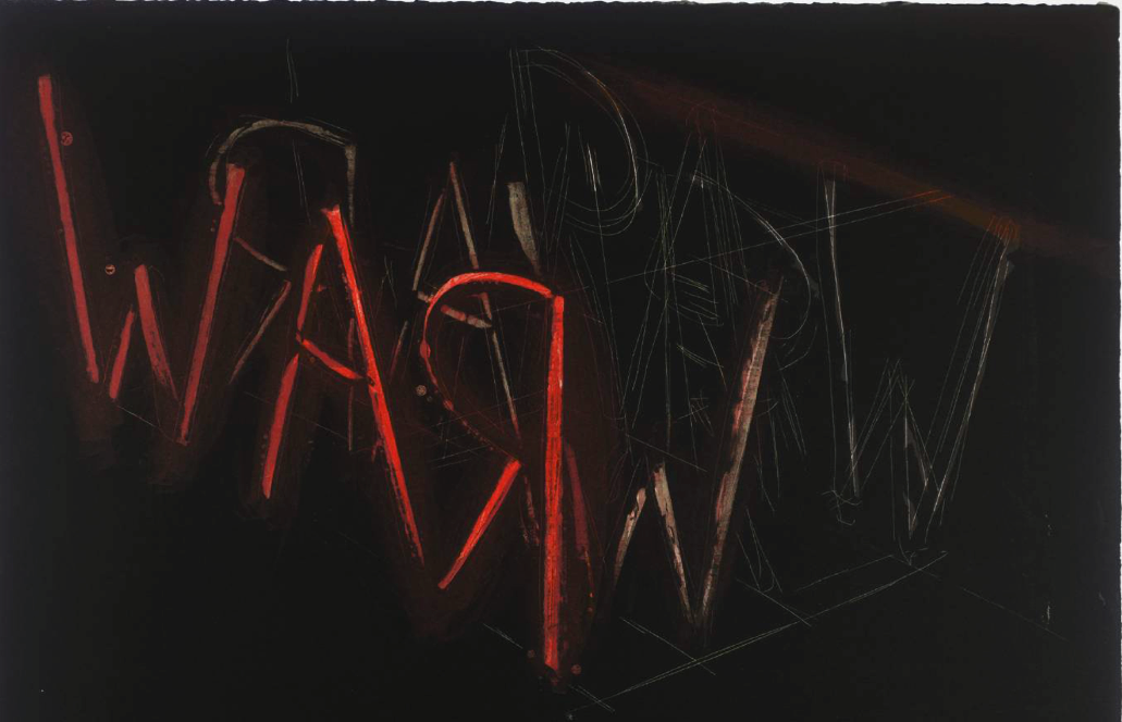 A detail of a print by Bruce Nauman, titled Raw War, dated 1971.