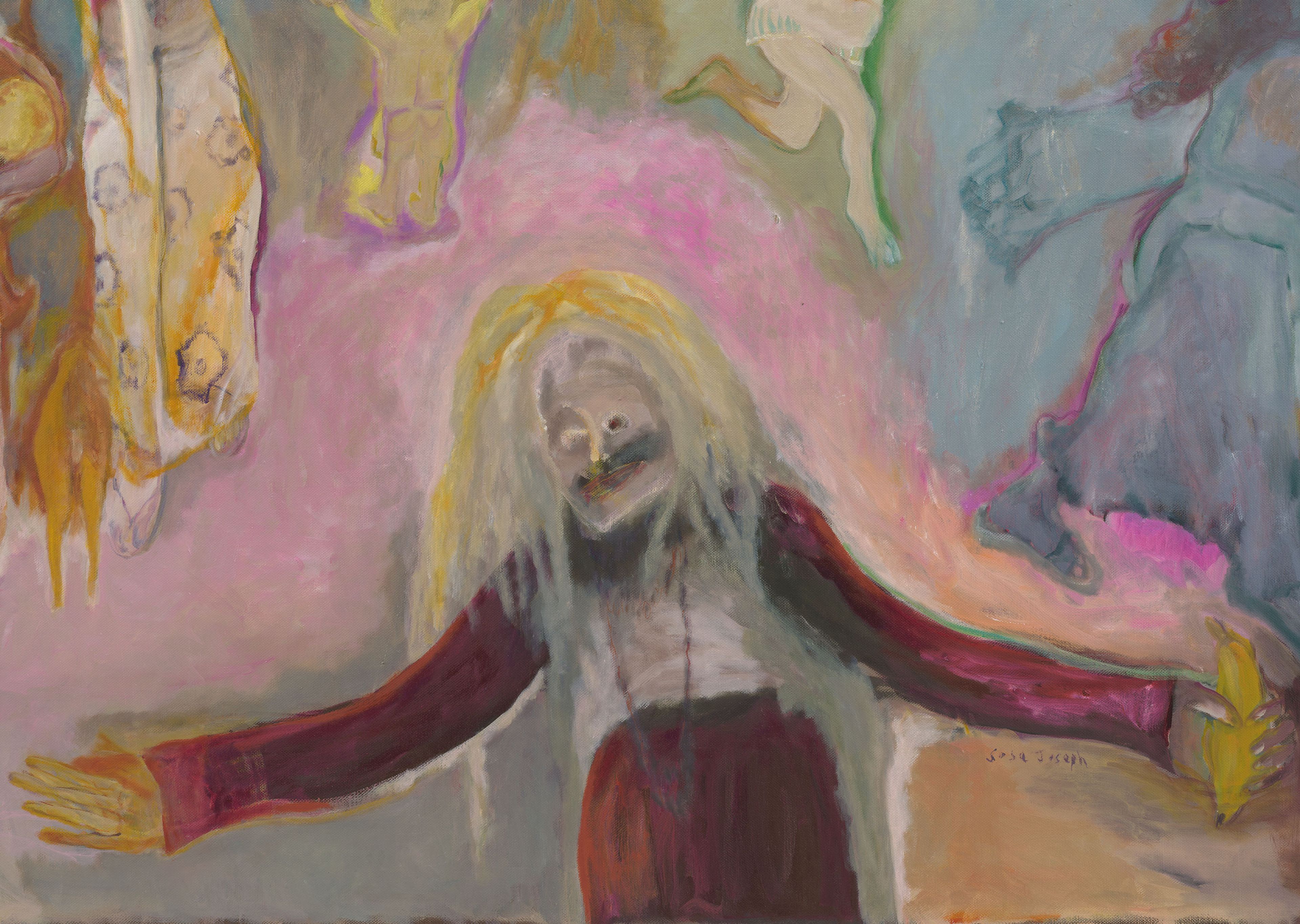 A detail from a painting by Sosa Joseph, titled The wise woman said, ‘it’s going to rain!’, dated 2025.