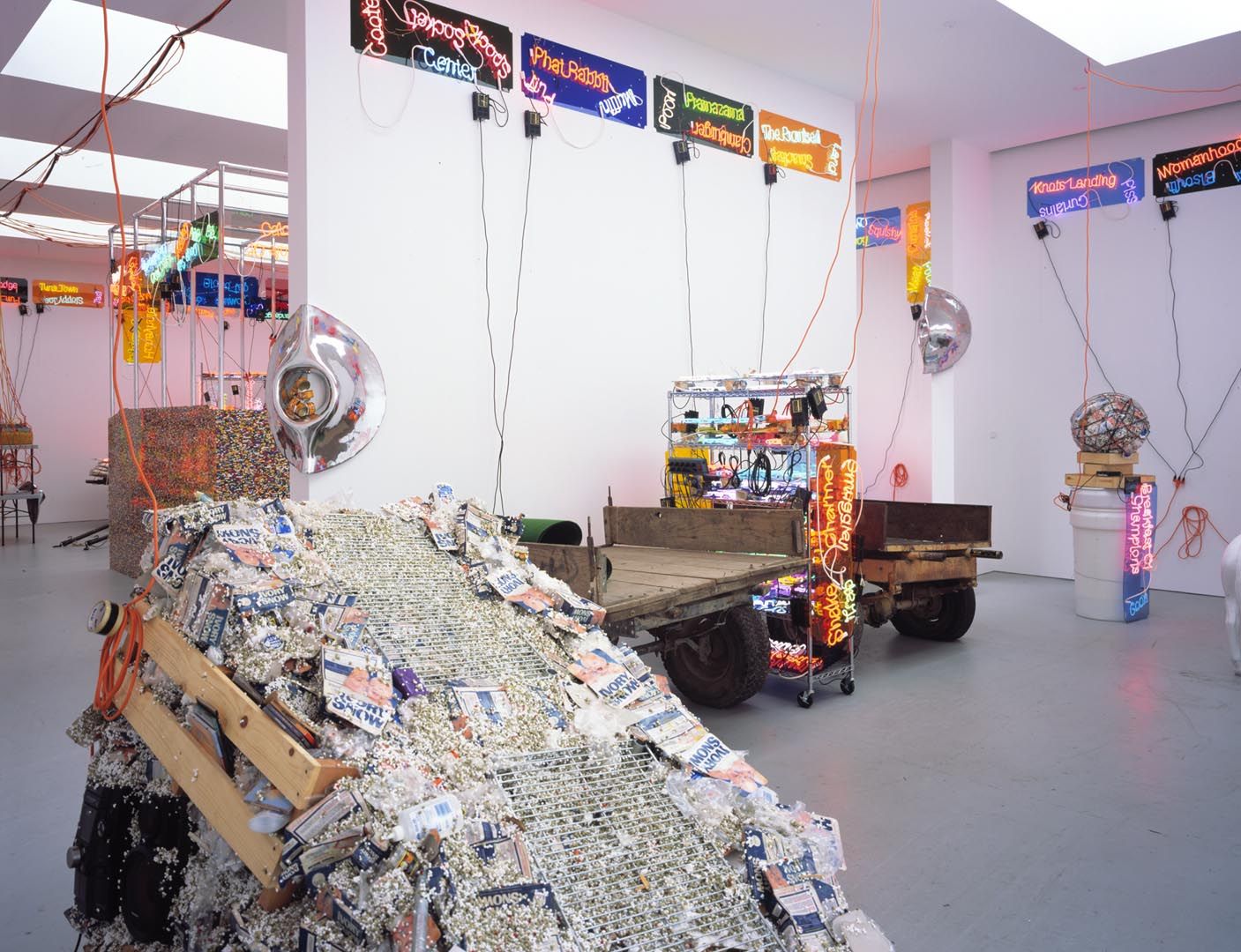 An installation view of the exhibition Jason Rhoades: Meccatuna, at David Zwirner New York, dated 2003.