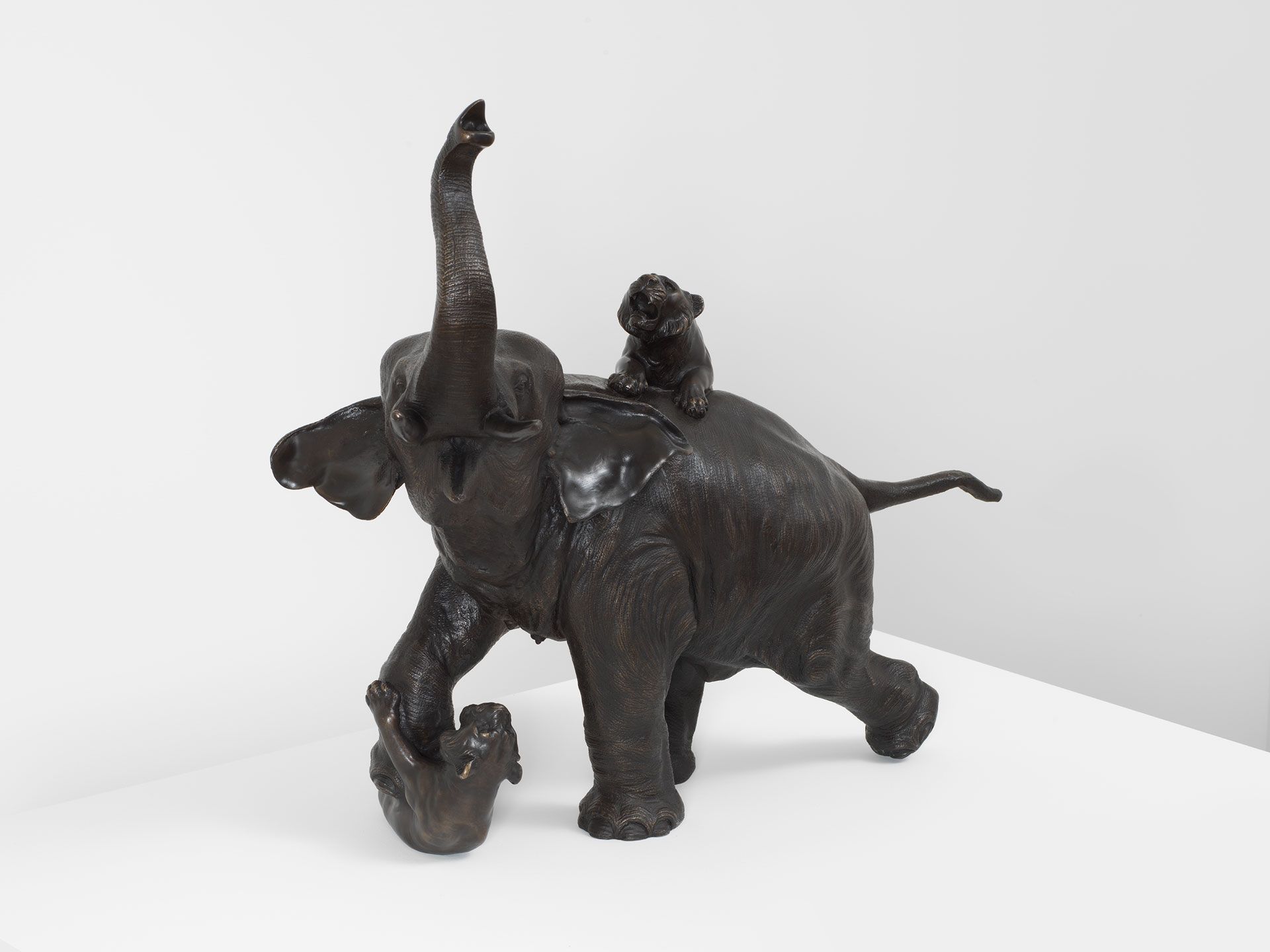 A sculpture by Sherrie Levine, titled Meiji Elephant and Tigers, dated 2019.