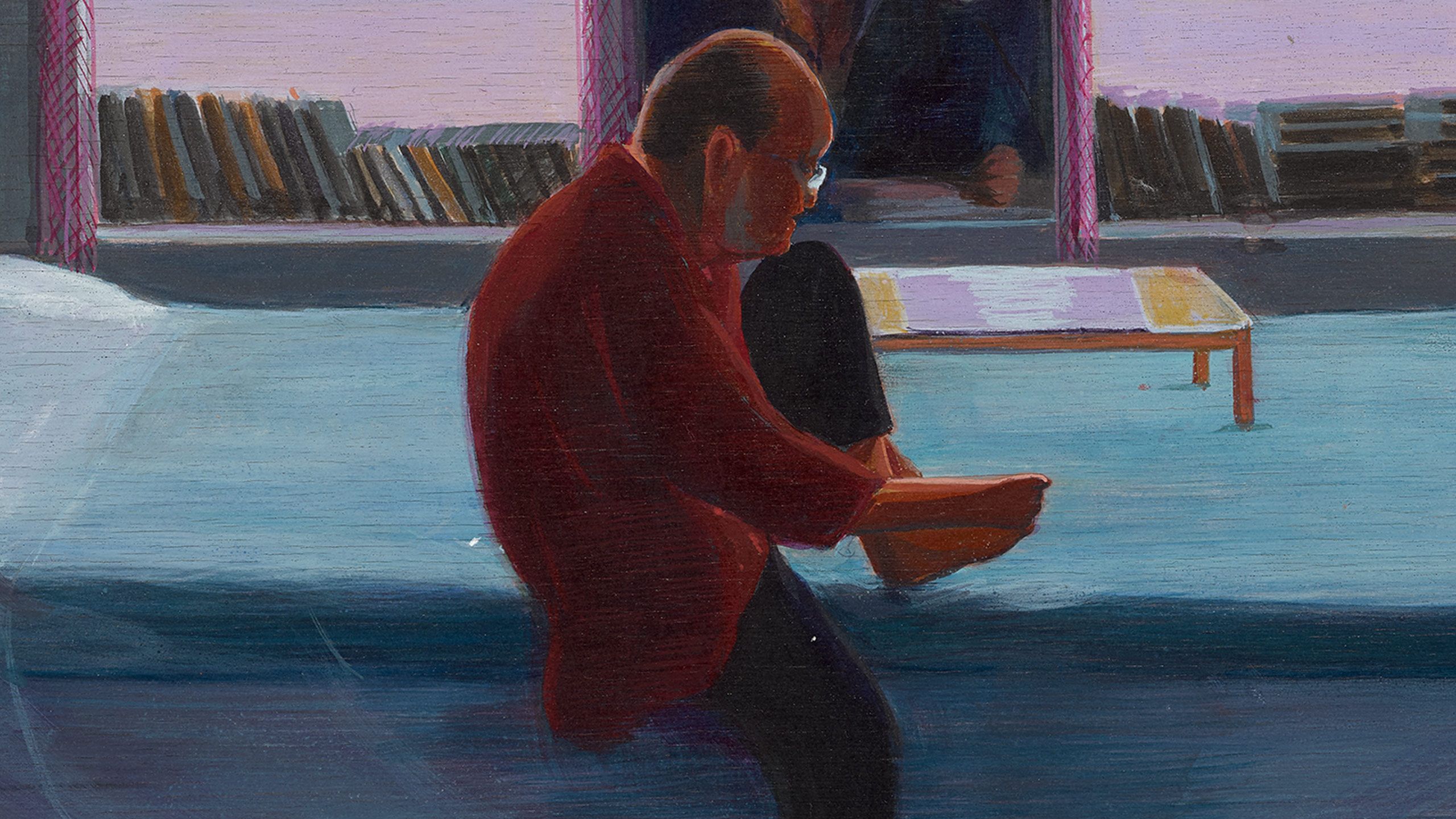 A detail from a painting by Mahesh Baliga, titled Aveek cutting nails, dated 2022.