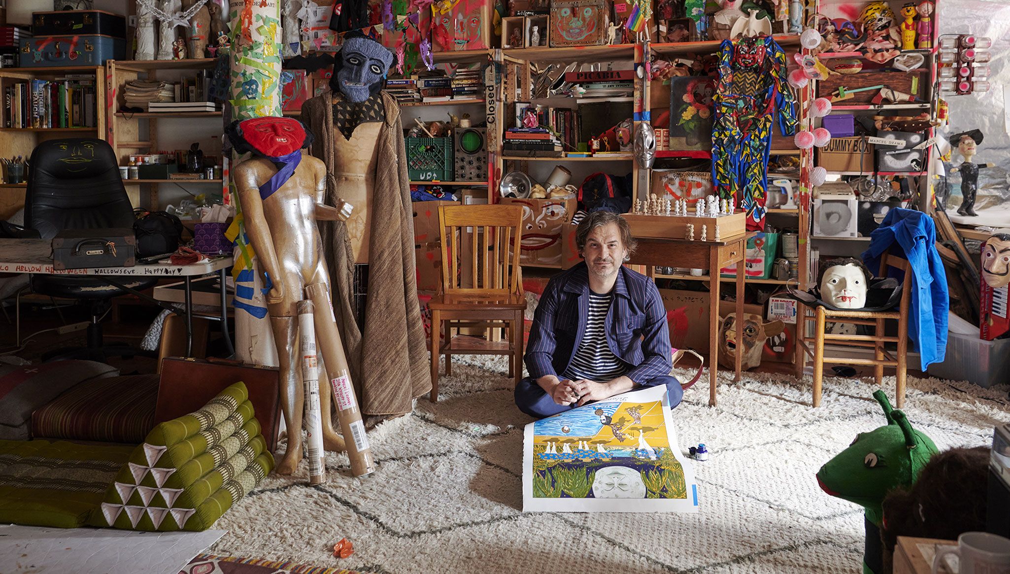 A photograph with Marcel Dzama in his Brooklyn studio, 2021. Photo: Jason Schmidt