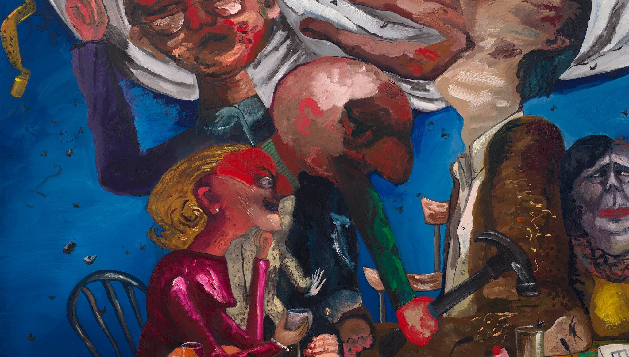 A detail of an artwork by Dana Schutz titled The Arbiters, dated 2023