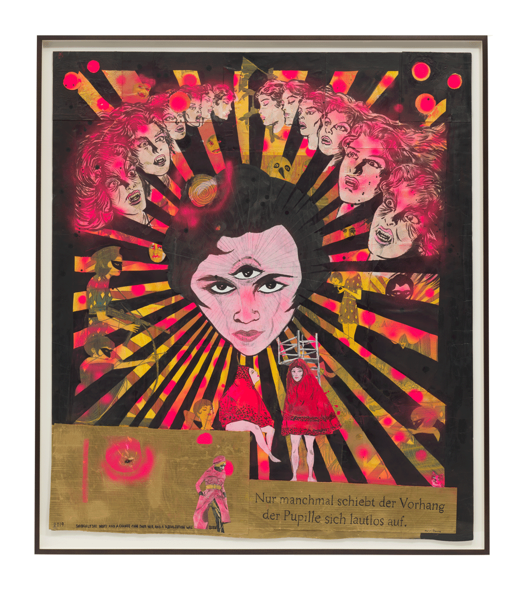 A work on paper by Marcel Dzama, titled Only at times of danger the curtain of the pupils silently open, dated 2018.