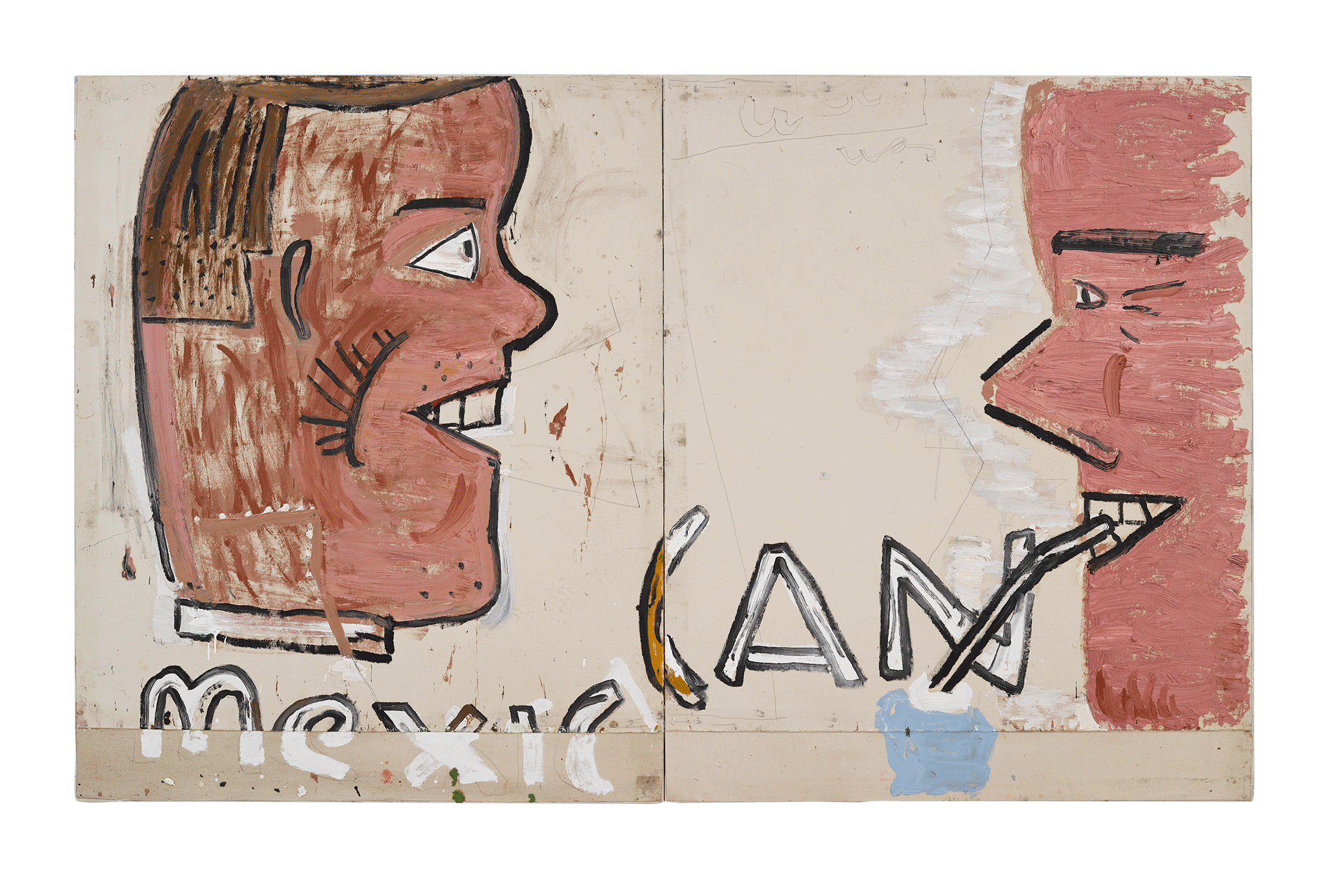 An oil painting in two parts by Rose Wylie, titled Mexican Can, dated 2019.