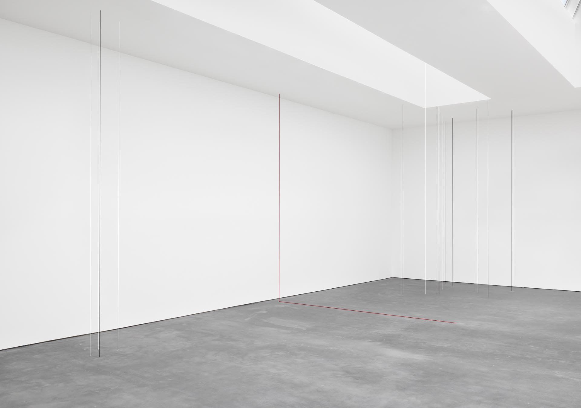 An installation view of the exhibition Fred Sandback: Vertical Constructions, at David Zwirner New York, dated 2016.