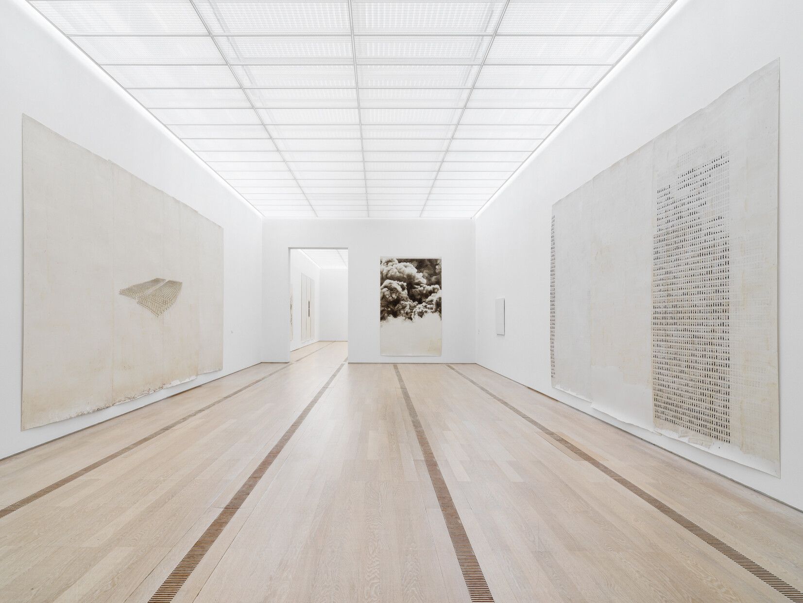 An installation view featuring works by Thoba Khedoori at Fondation Beyeler, dated 2019
