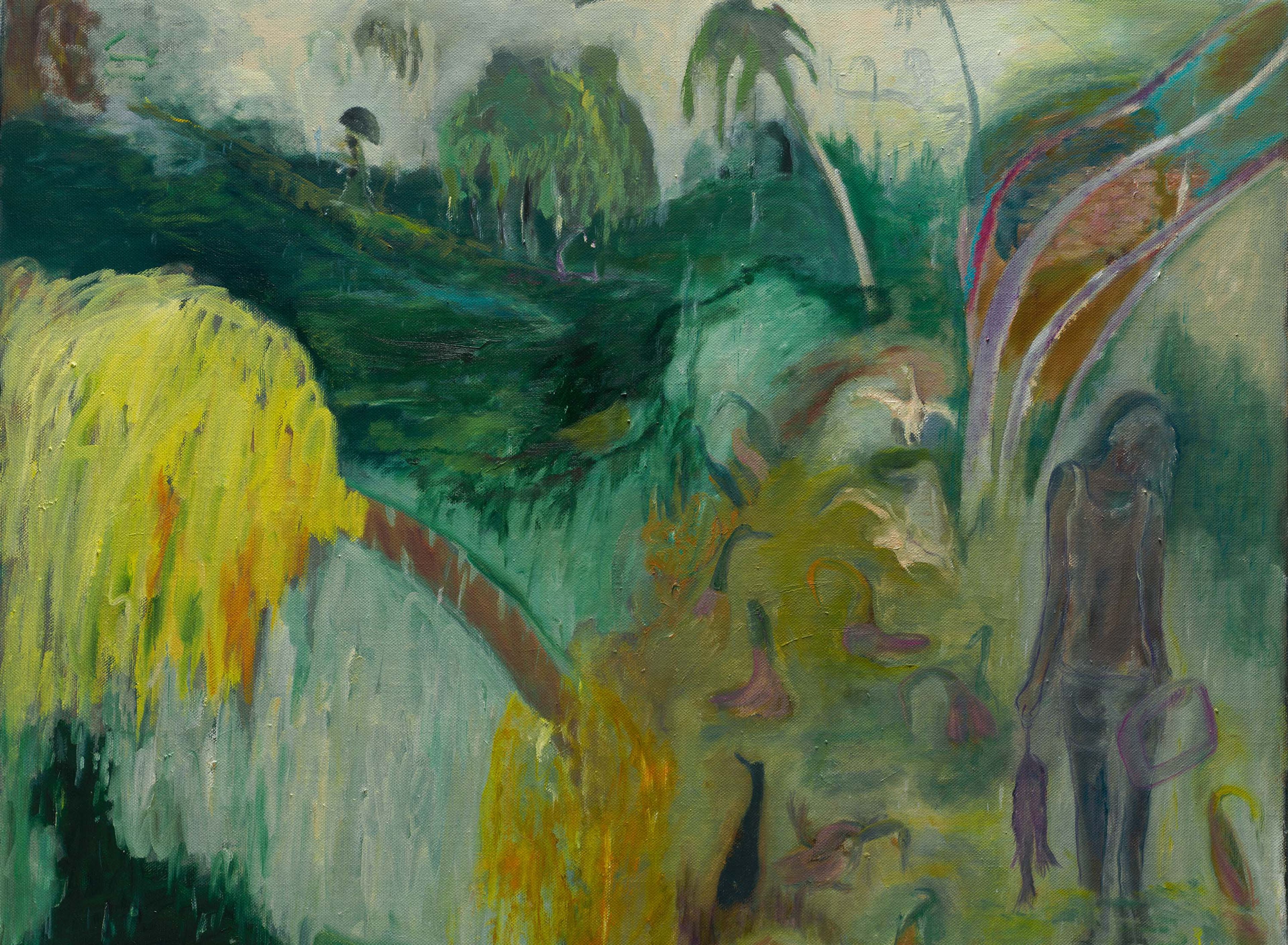 A detail from a painting by Sosa Joseph, titled My brother used to fish for murrels in rain, dated 2025.