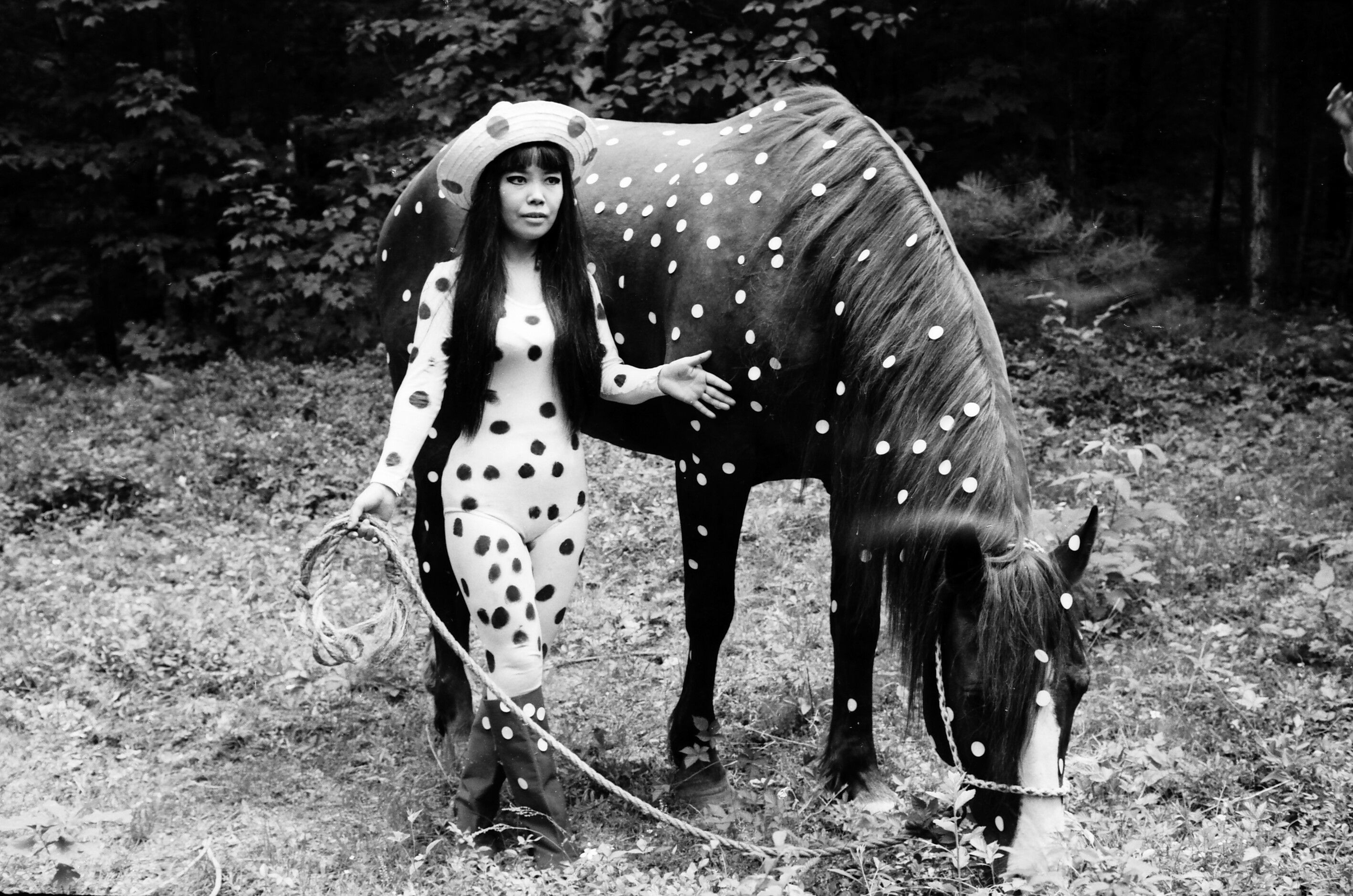 A performance piece by Yayoi Kusama, titled Horse Play, dated 1977.