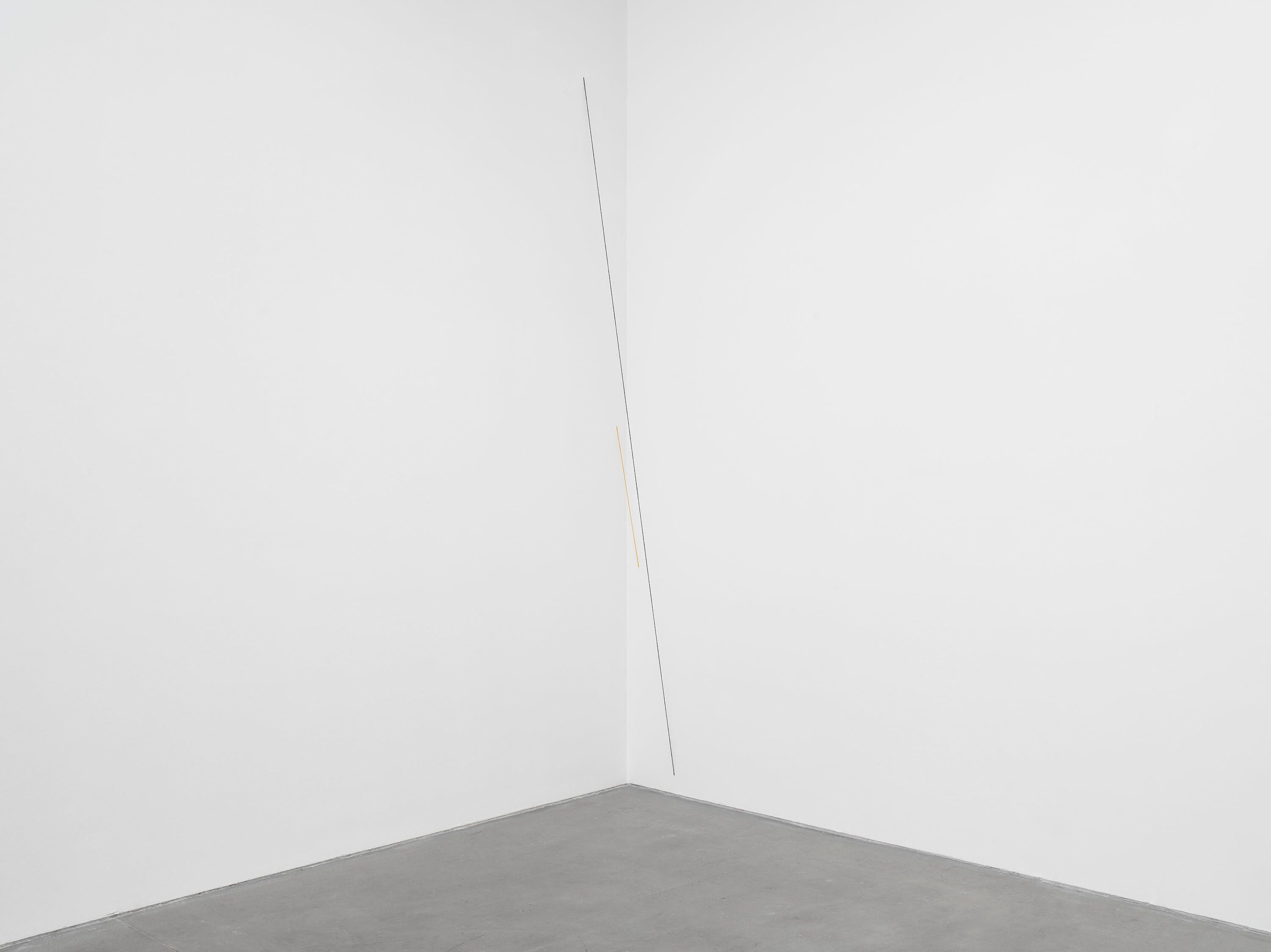 An untitled black and ochre acrylic yarn by Fred Sandback, dated 1974.