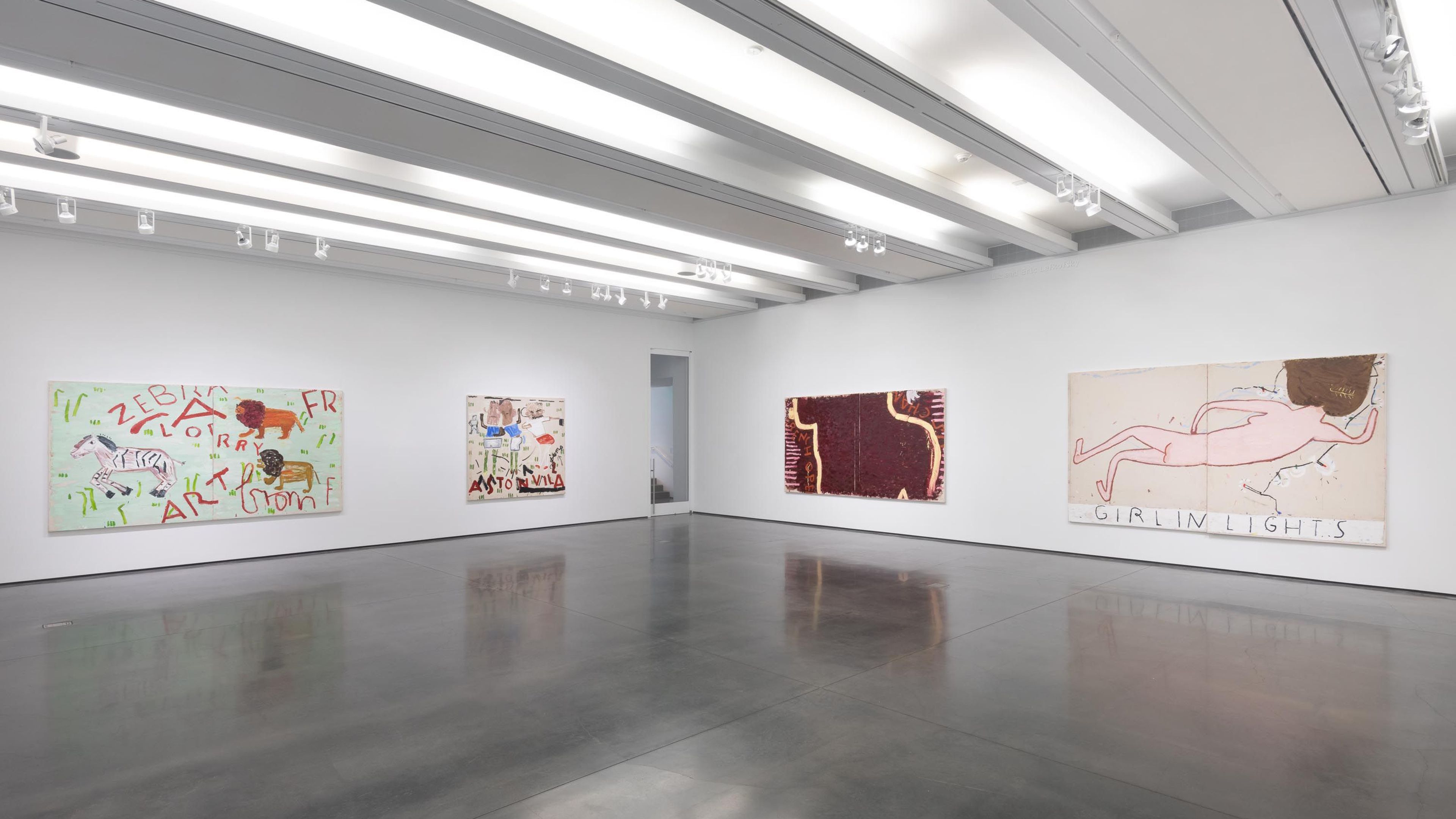 Installation view of the exhibition, Rose Wylie: where i am and was, at Aspen Art Museum in Aspen, dated 2020.