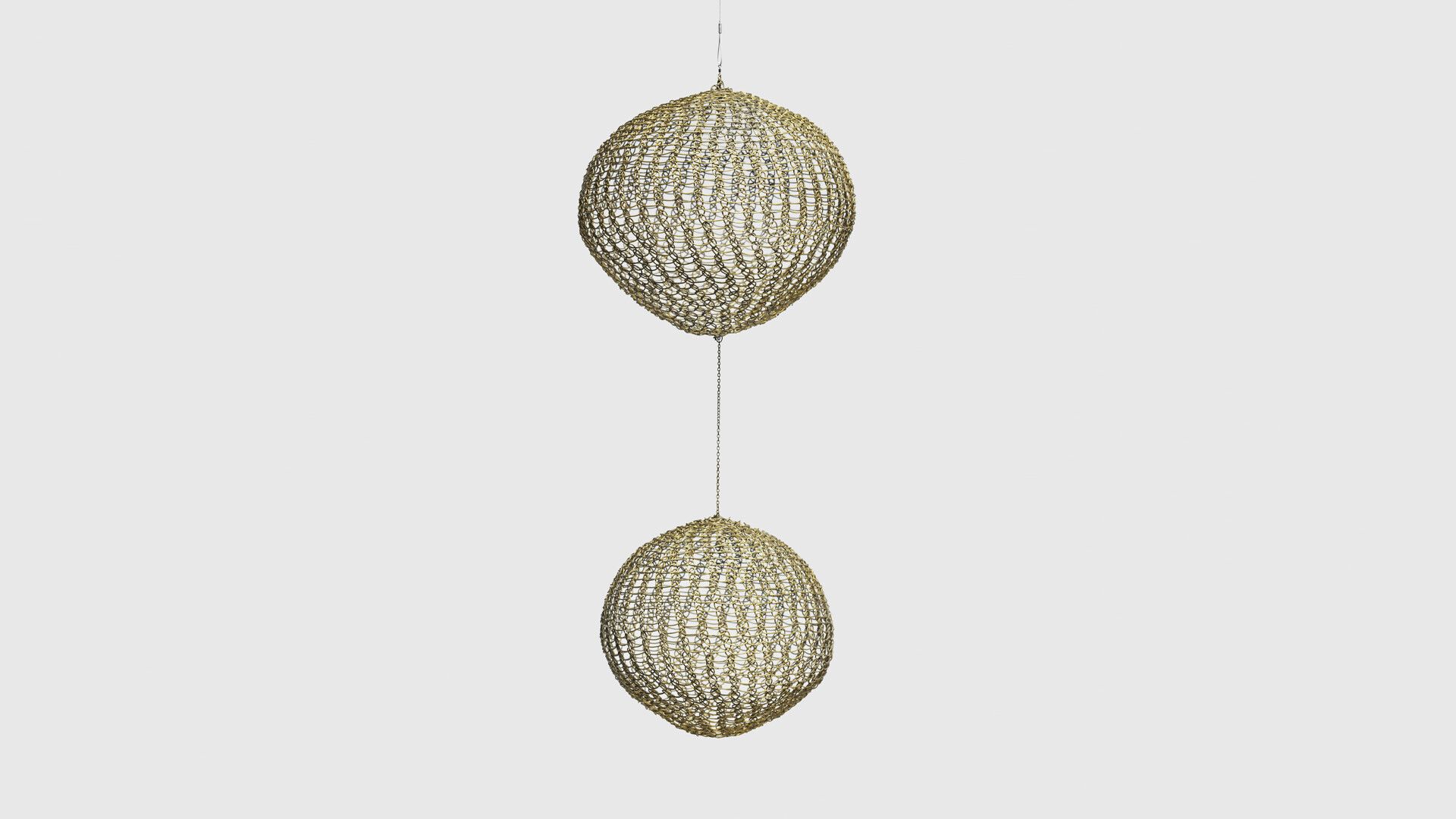 A brass wire and brass chain hanging sculpture by Ruth Asawa, titled Untitled (S.793, Hanging Two Spheres Attached One on Top of the Other with Chain), circa 1954.