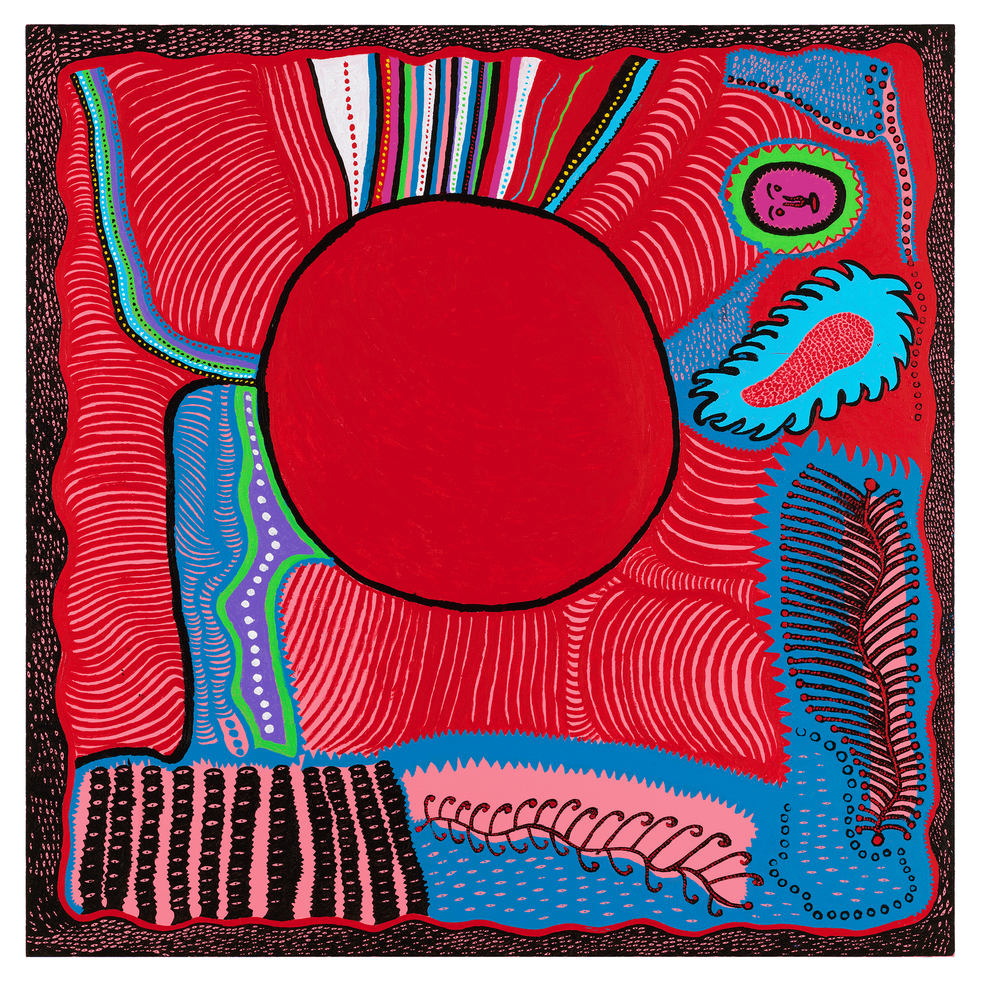 A painting by Yayoi Kusama, titled YOUTH IS NOT LIKELY TO WALK AWAY TO FAINT DISTANCE, dated 2017.