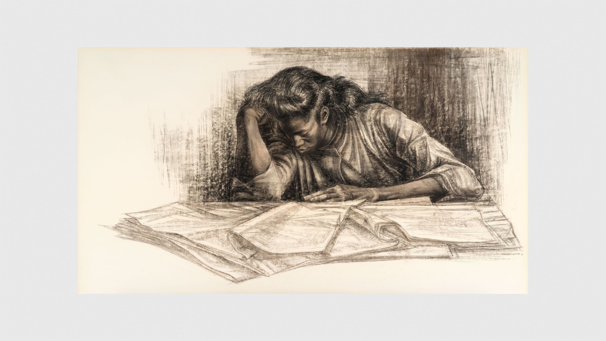 A detail of a drawing by Charles White, titled Awaken from the Unknowing, dated 1961