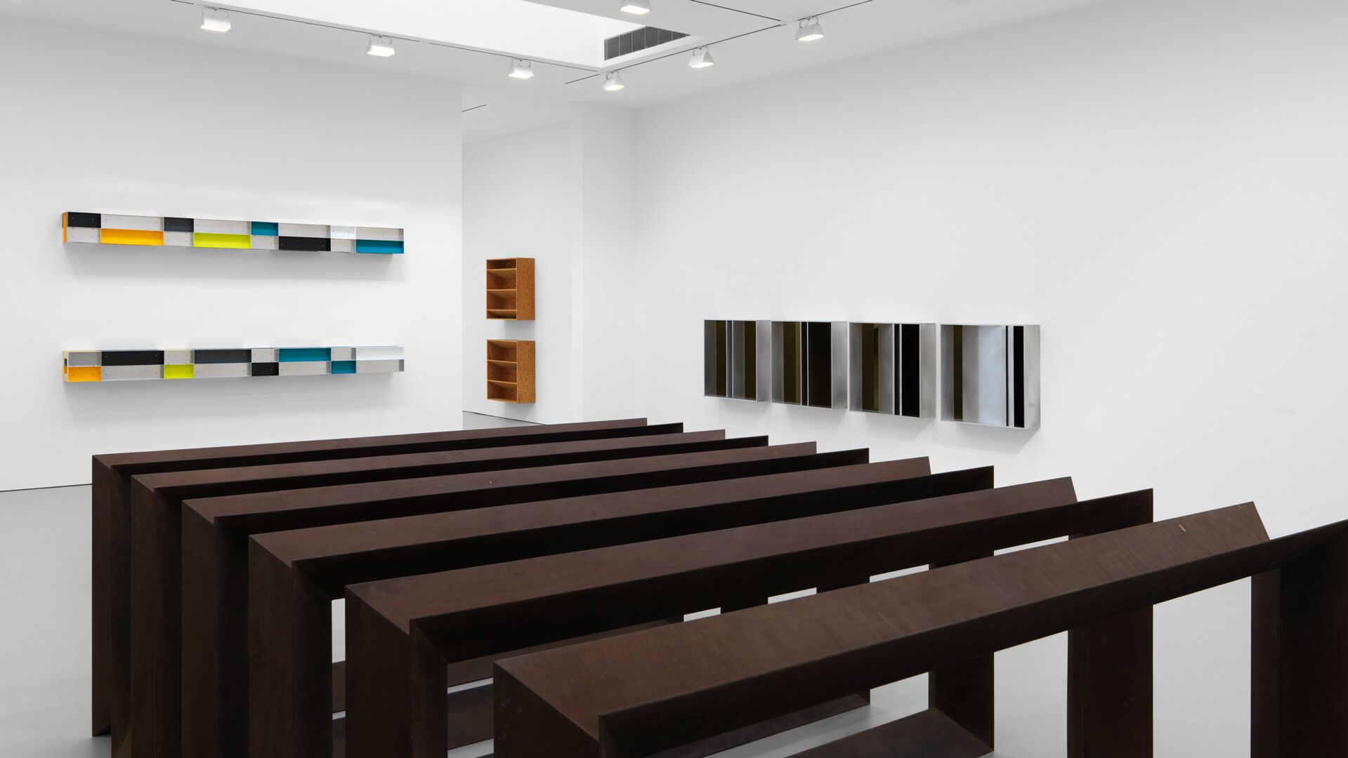 An installation view of the exhibition Donald Judd Artworks: 1970-1994, at David Zwirner, New York, dated 2020.