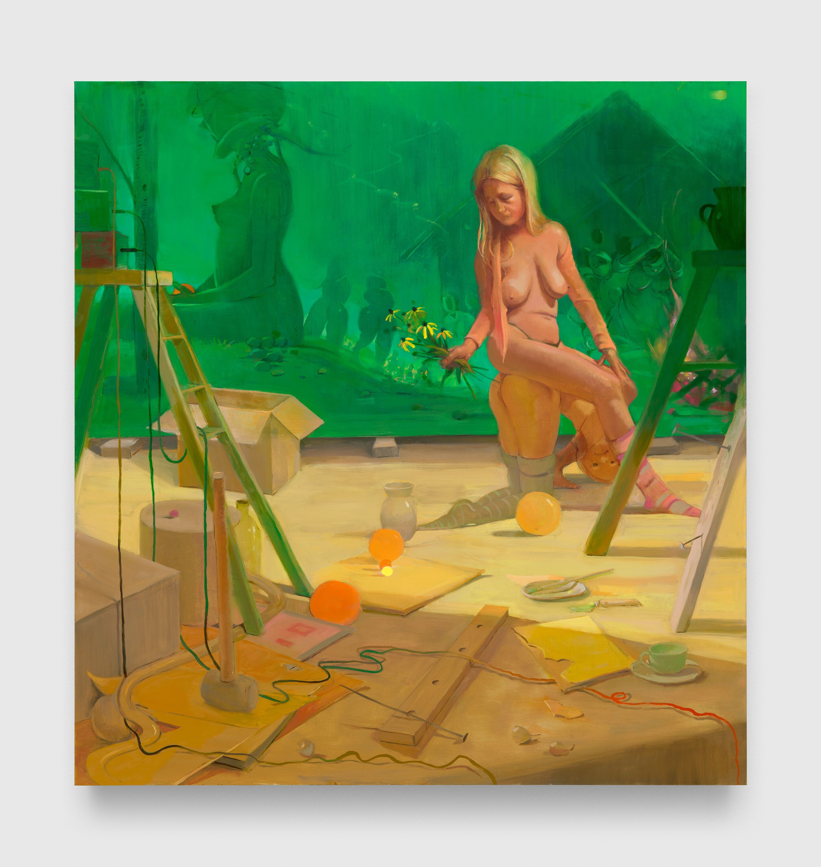 A painting by Lisa Yuskavage, titled Rendez-vous (boschmademedoit), dated 2023.